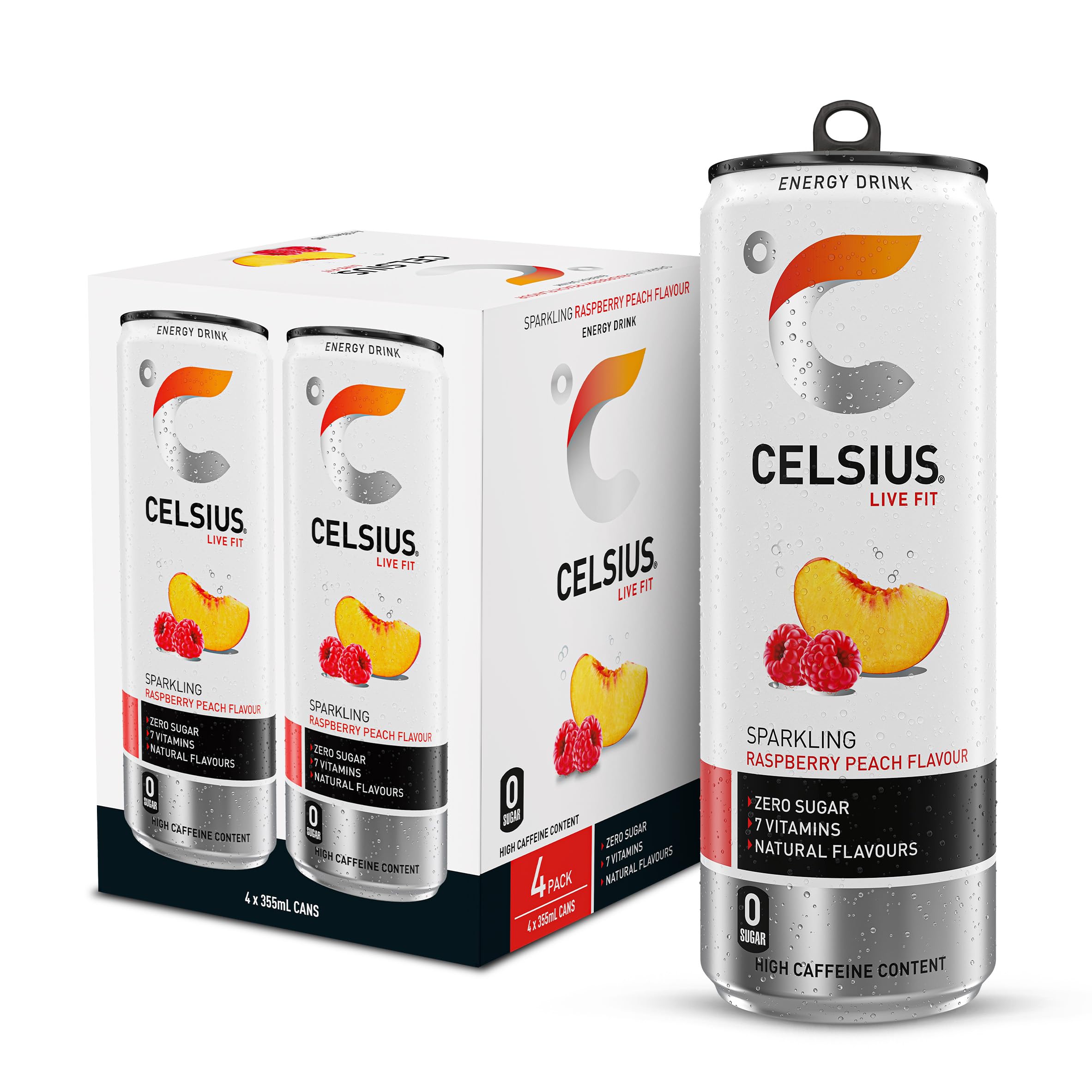 CELSIUS Energy Drink, Sparkling Raspberry Peach, Natural Flavours, No Artificial Colours, Sugar Free Energy Drinks, 355 mL, 4-Pack