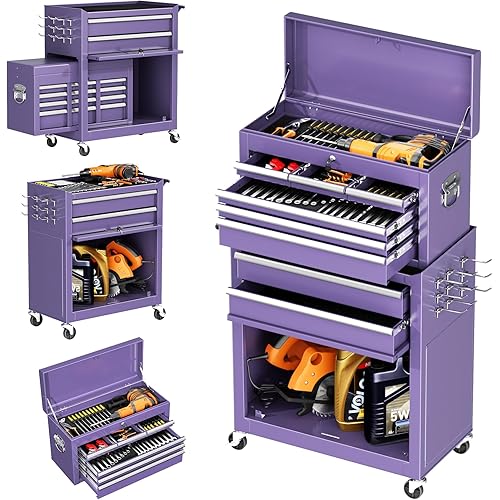 INTERGREAT 8 Drawers Tool Chest, Large Rolling Tool Chest with Drawers, Detachable Top Tool Box, Tool Cabinet for Repair Room,Warehouse, Rolling Tool Box with Hooks,Tray Divider,Liners(Purple)