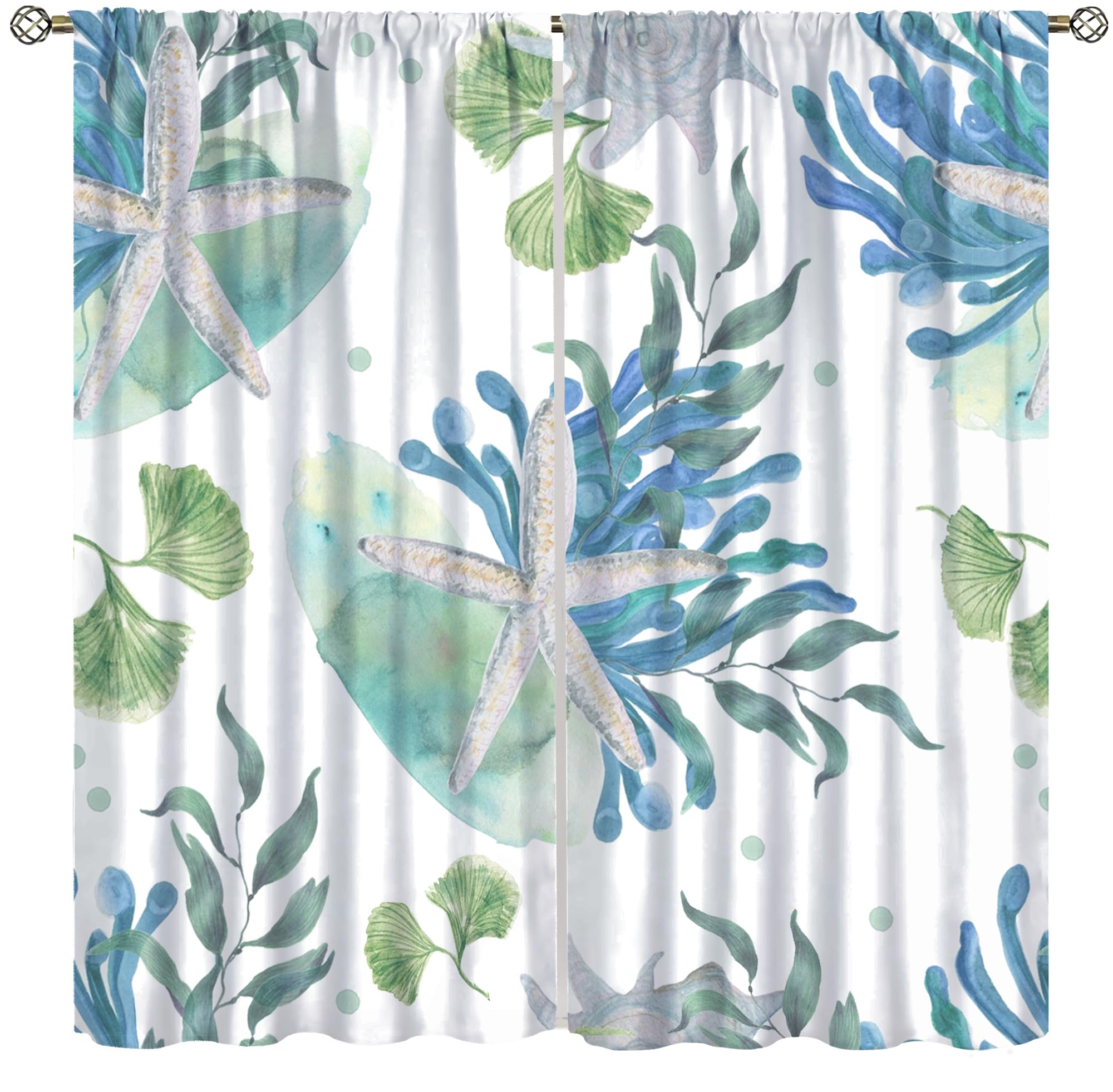 Coastal Nautical Curtains,Ocean Beach Theme Seashell Coral Home Decor Thermal Insulated Darkening Room Window Curtain 2 Panels for Living Room Bedroom