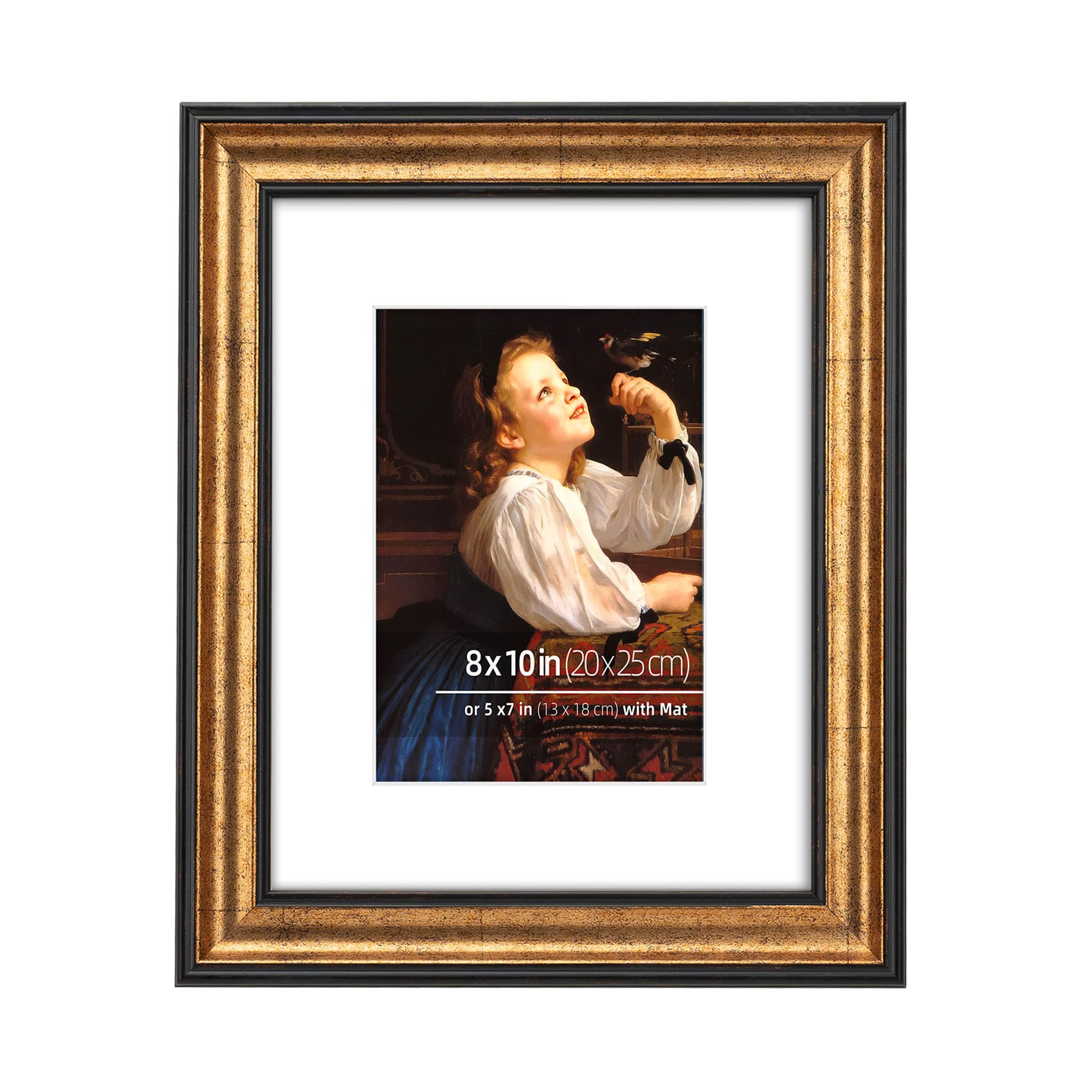 Picture Frame, 8 x10 inch Antique Gold with Dark Brown Border, Wood Frame with Glass, Mat for 5x7 inch Photos