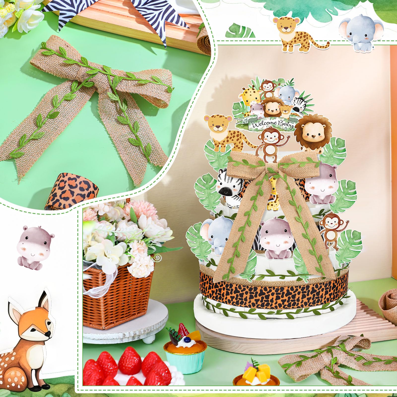MotiMind Juego de 31 piezas de pasteles de pañales de animales de la selva, decoración de pastel de pañales para baby shower con recortes de animales de safari, cinta de hojas de arpillera, cinta con