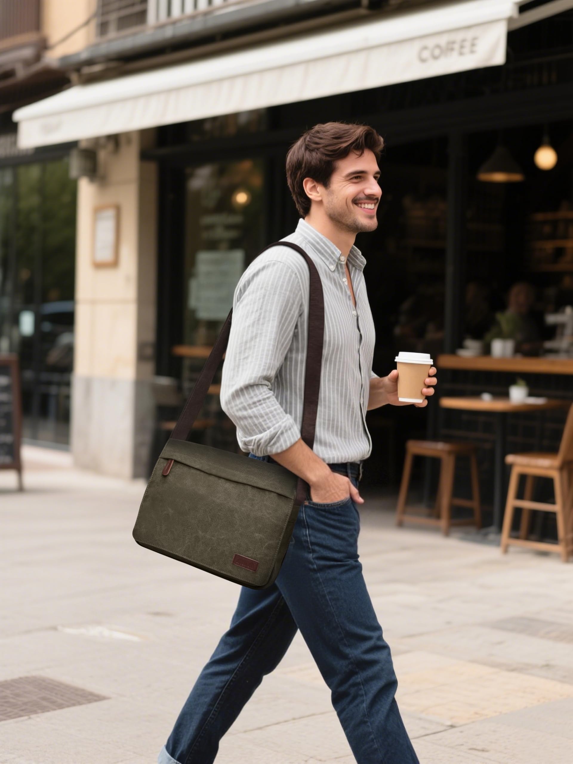 Bolso de Bandolera Hombres Bolsa de Hombro para 13.3 Pulgadas Portátil Viaje Escolares Causal Trabajo Montañismo Cruzados Bolsa de Ordenador Hombres Lona Messenger Bag Verde