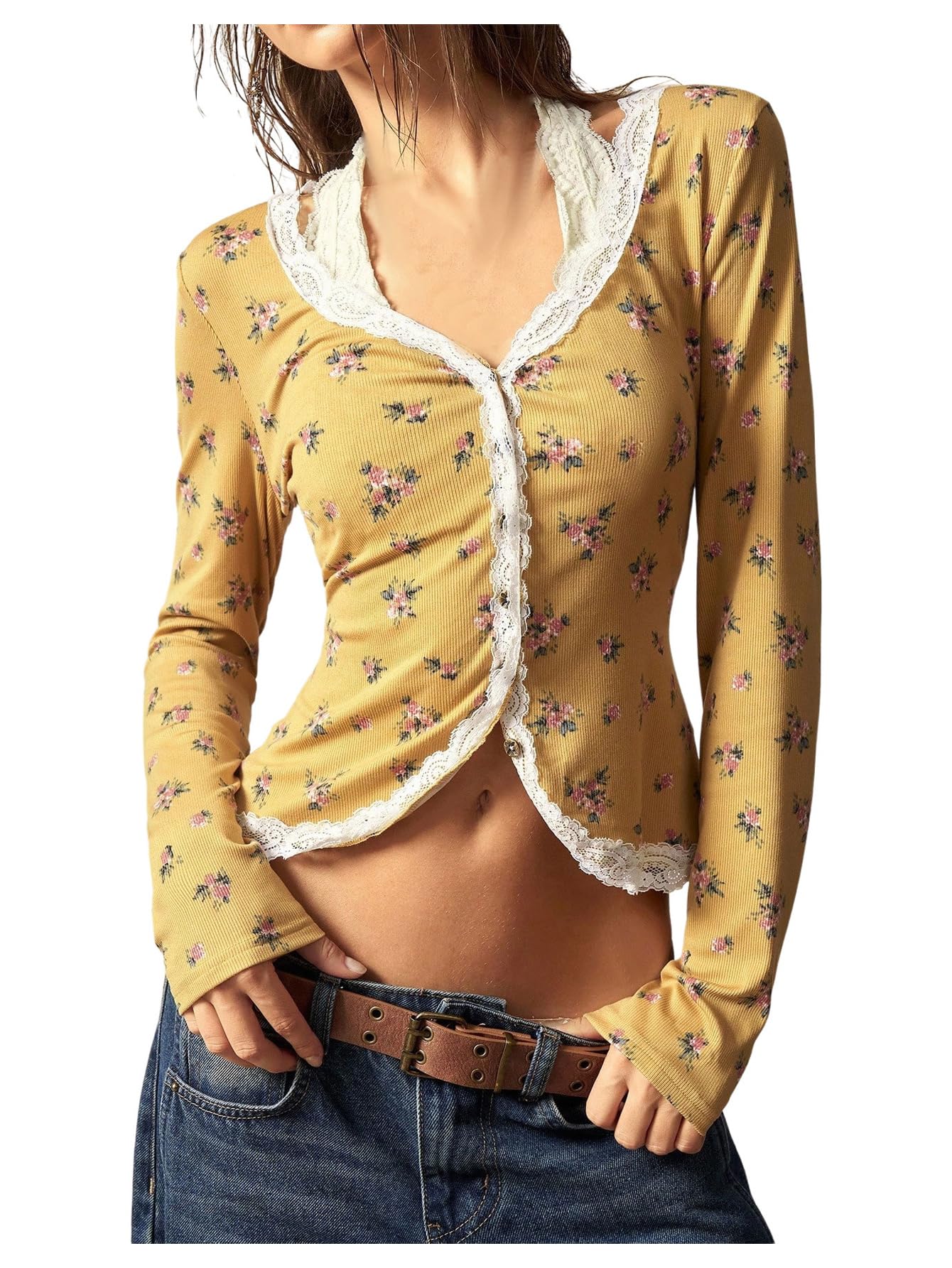 Womens Floral Graphic Lace Trim Sweaters V Neck Button Down Cropped Cardigans