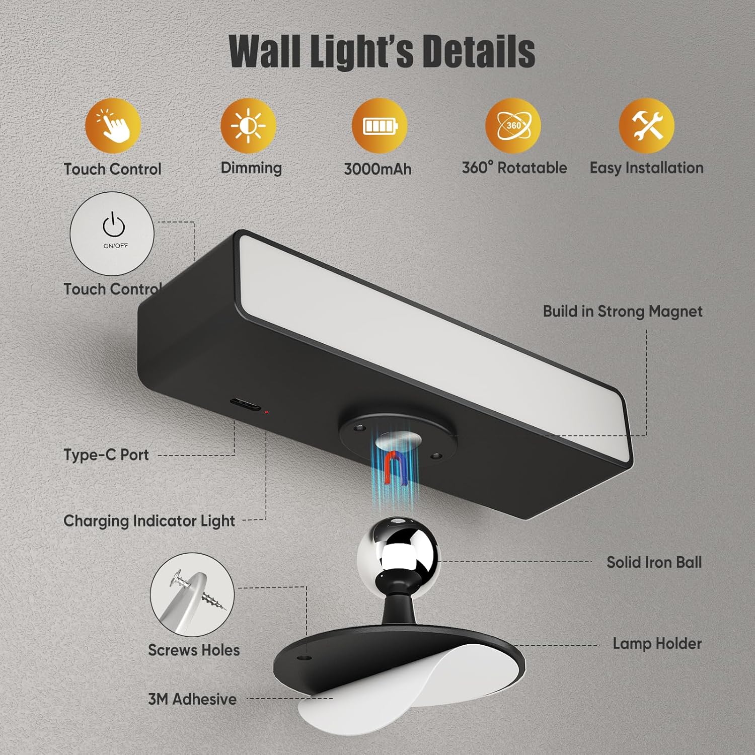 Honalia Adhesive Wall Lights for Bedroom 2 Pack, Rechargeable Wall Lights with Magnetic & Dimmable, 360 Rotation Cordless Wall Sconce, Peel and Stick Lights for Wall Bedside, Reading