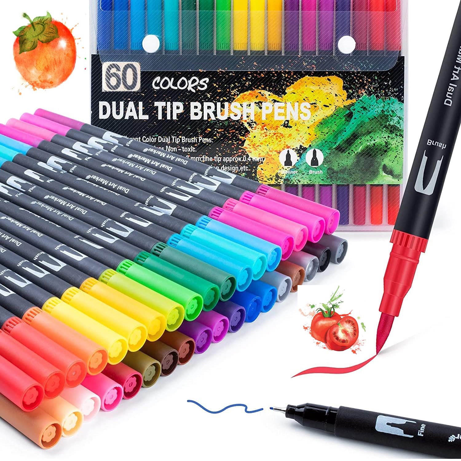 60-Color Dual Tip Brush Pens - Fine & Brush Markers For Art, Lettering & Coloring Books