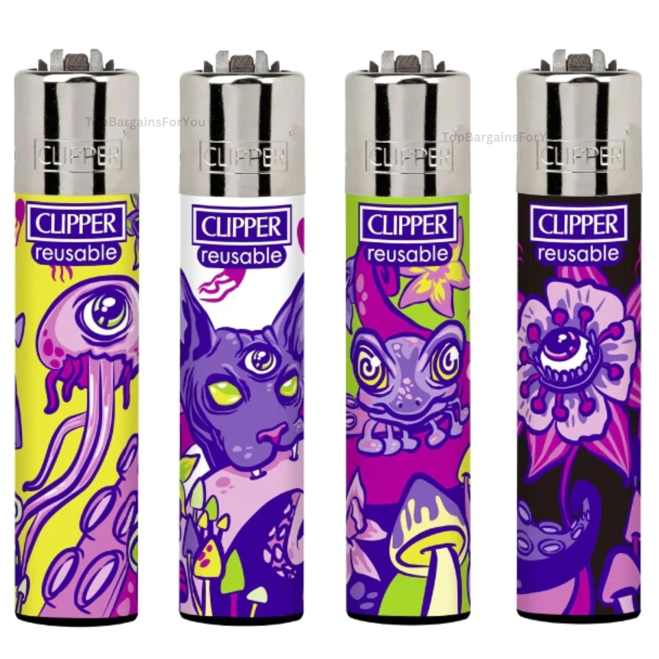 Zactly - 4 x Clipper Lighter Set Gas Refillable Windproof Lighters Standarad Size Replaceable Flint Rare Limited Edition (Psycho Animals)