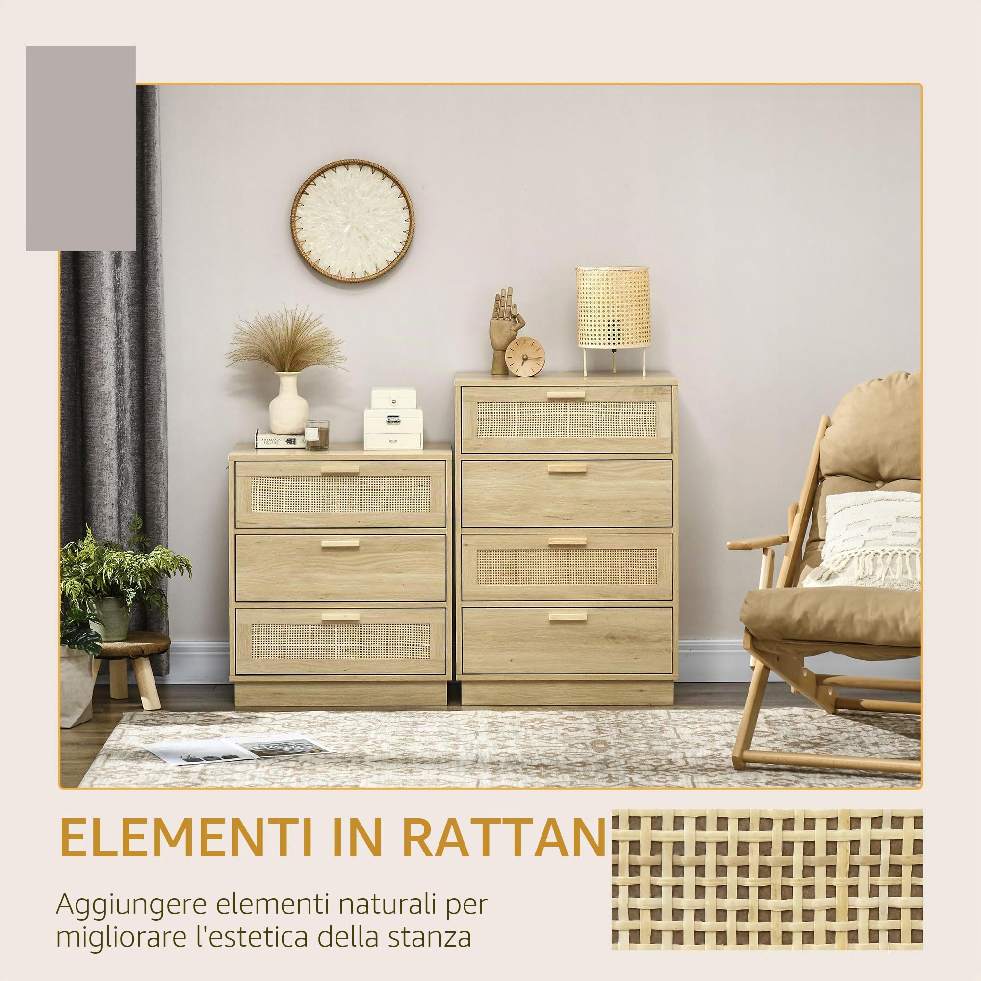 HOMCOM Cassettiera a 3 cassetti, cassettiera per camera da letto, stile bohémien, con telaio in legno, cassettiera in rattan per camera da letto, soggiorno, ingresso dim. 60 x 38 x 69 cm, legno