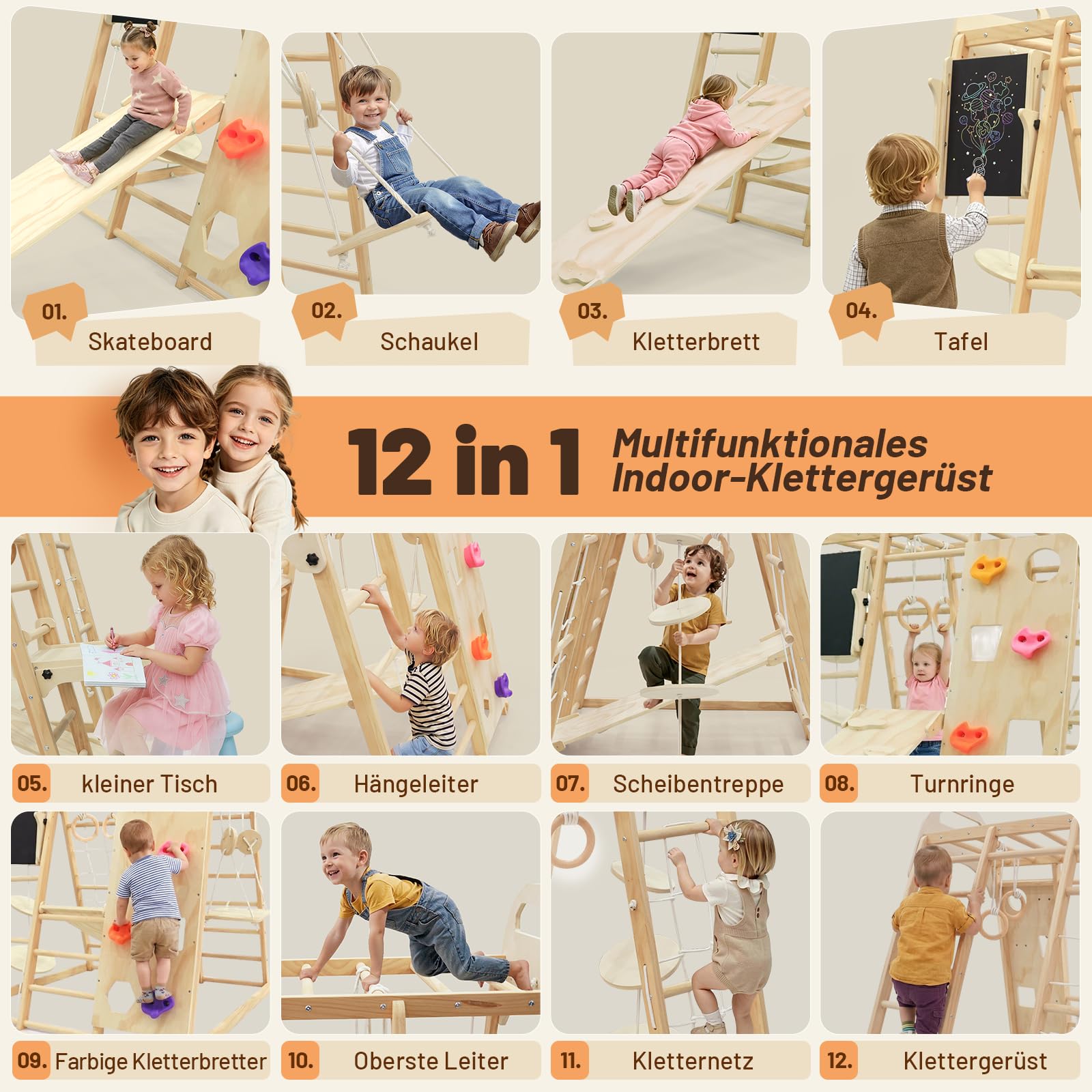 Maxi Telaio da Arrampicata per Interni, 12 in 1 Montessori Parco Giochi per Interni per Bambini(Pieghevole), Multifunzionale Telaio da Arrampicata di Legno, Lavagna, Oscillazione, Skateboard