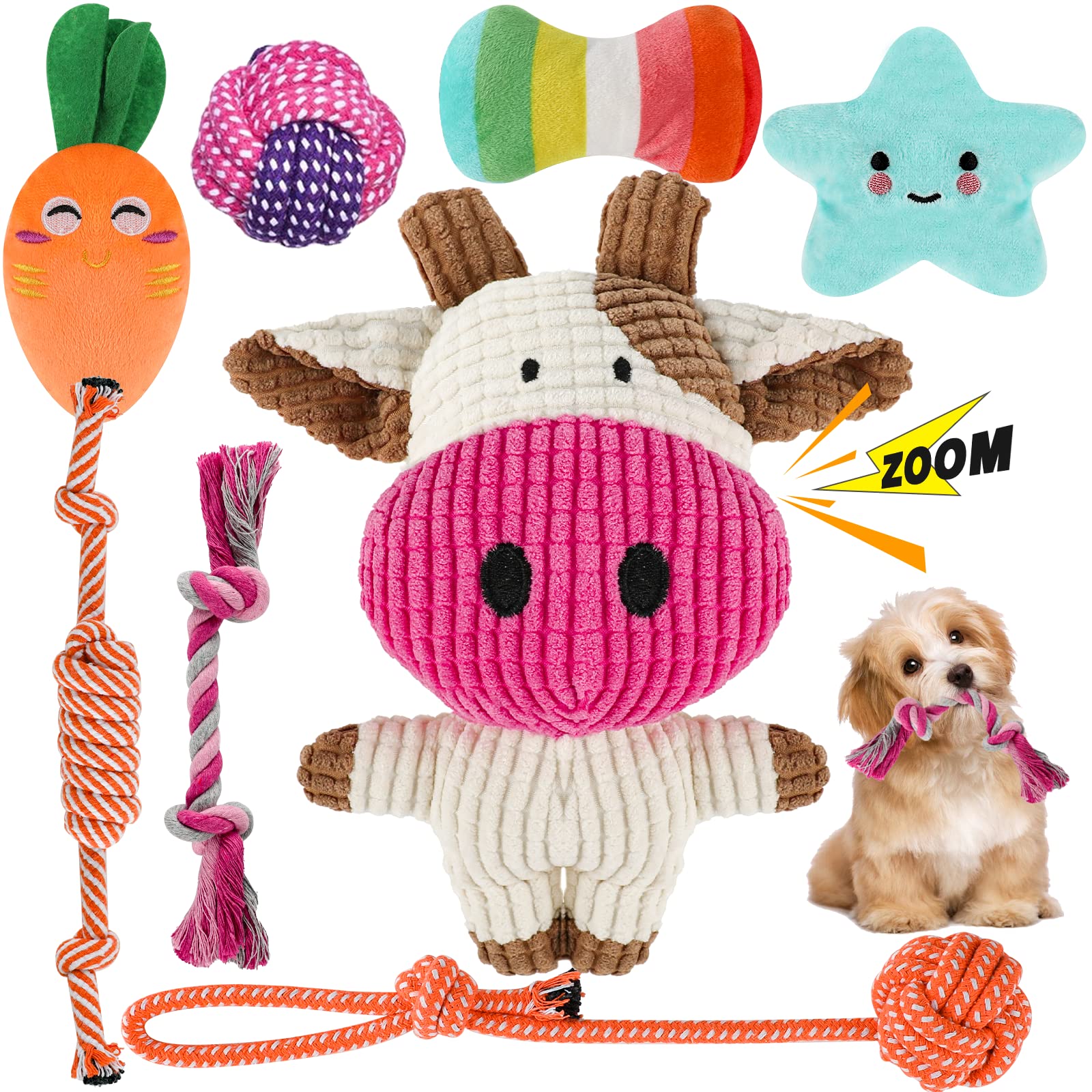 RIO DirectSqueaky Plush Dog Rope Toys Set, 8 Pack Puppy Chew Toys for Teething Training, Cute Interactive Tug Rope Toys for Small and Medium Dogs, Washable, Natural Cotton & Non Toxic