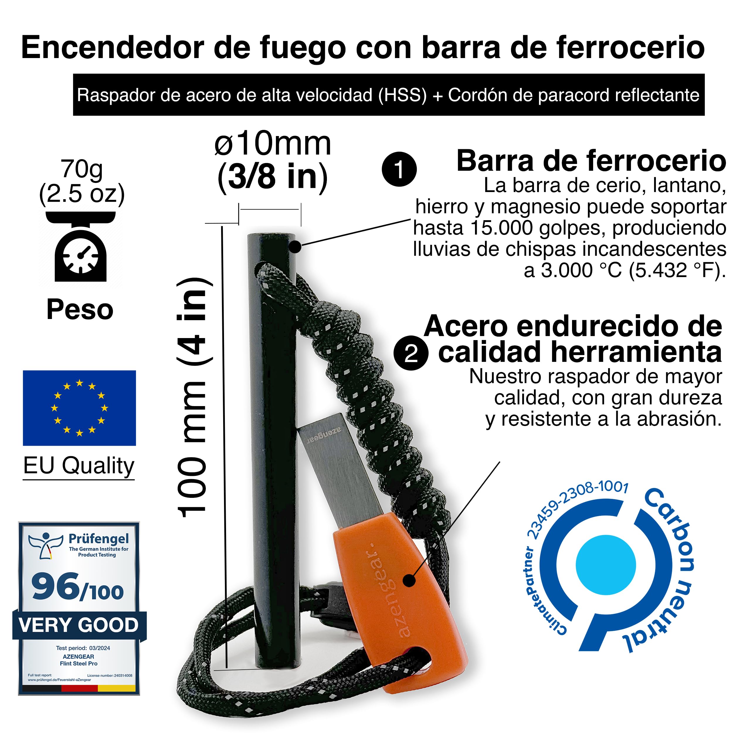 aZengear Encendedor de Fuego Ferrocerio XXL ⌀10 mm con Rascador de Acero HSS y Paracord Fluorescente Firesteel Bushcraft