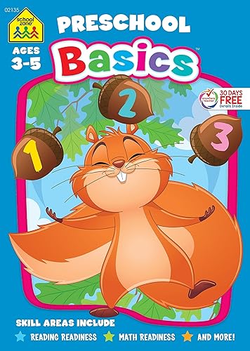 School Zone - Preschool Basics Workbook - 32 Pages, Ages 3 to 5, Preschool to Kindergarten, School Readiness, Opposites, Beginning Sounds, Counting, and More (School Zone Basics Workbook Series)