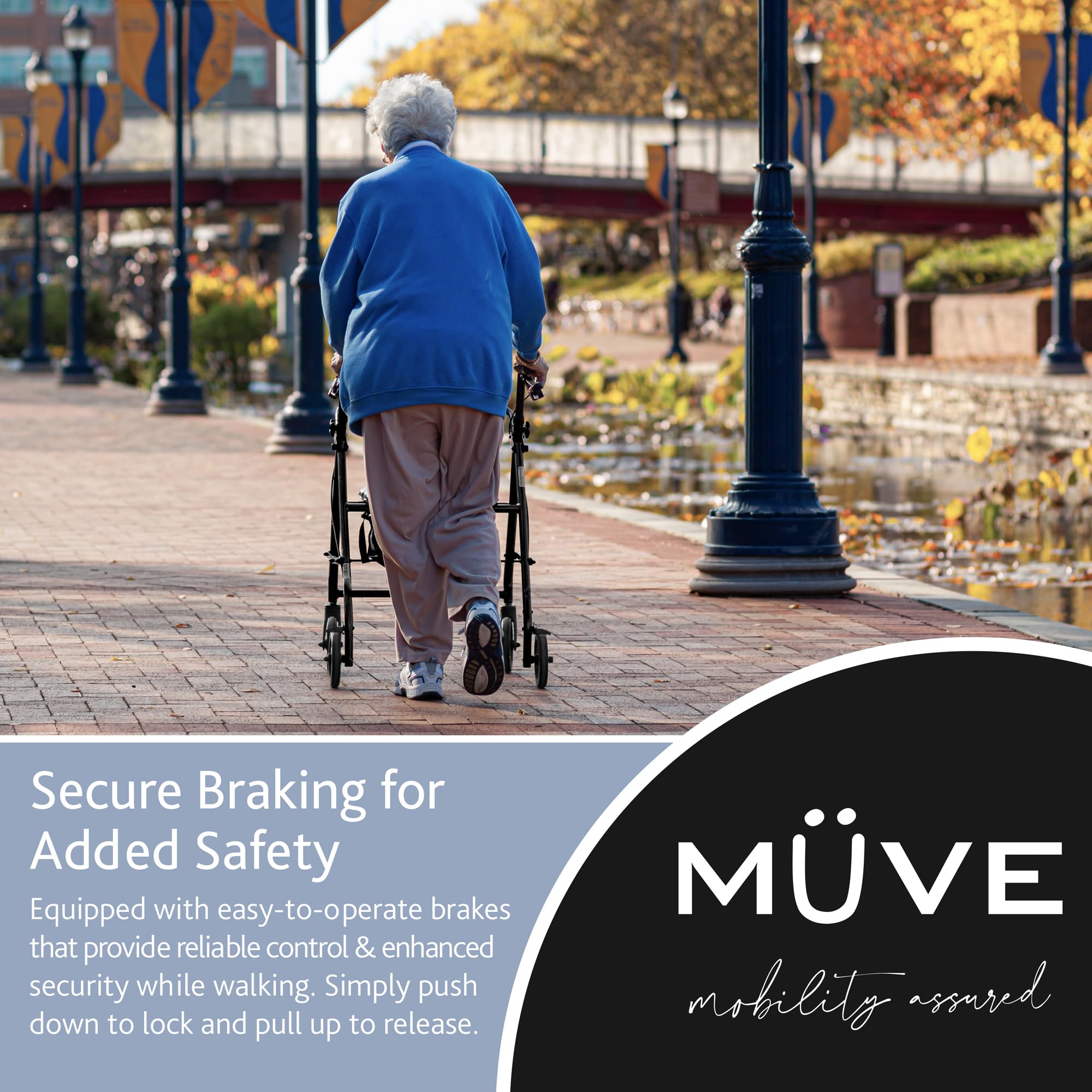 Muve Andador Con Asiento Para Personas Mayores y Discapacitadas - 4 Ruedas Estables, Andador para Exterior e Interior, Frenos de Seguridad, Plegable, Soporte de Movilidad Asistida