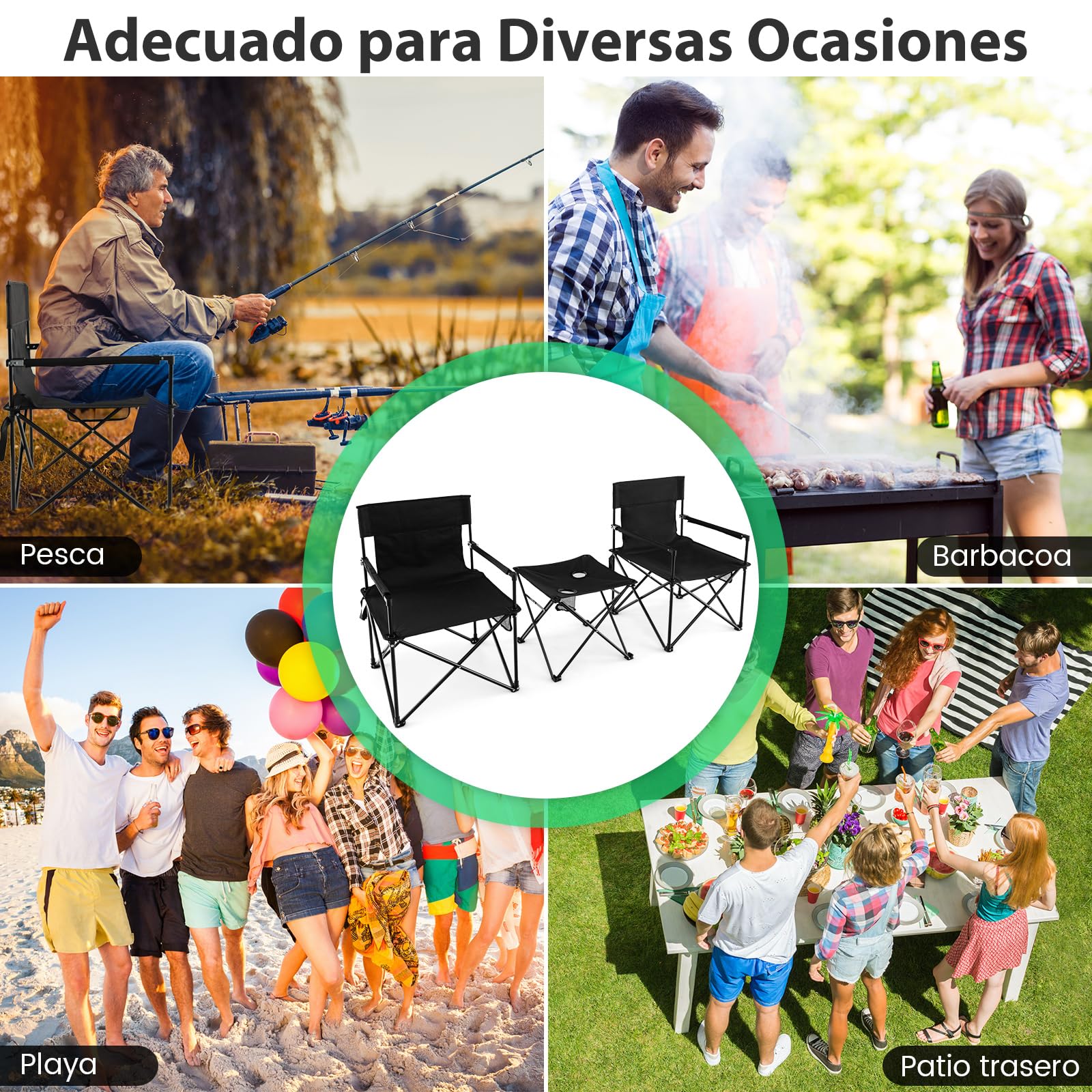 COSTWAY Juego de Sillas Camping Plegable y Mesa, 2 Sillas Camping Portátil y Mesa Auxiliar con 2 Portavasos, Bolsa de Transporte, Pesca, Picnic, Barbacoa, Negro