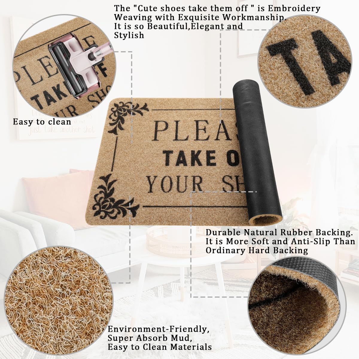 AOAOPQ Outdoor Welcome Mat for Funny Outside Home Entry Mats Please Take Off you shoes Entryway for Bedroom Shoe Scraper Non Slip Mats for Front Home Door Outside 24x36 in Brown - Image 4