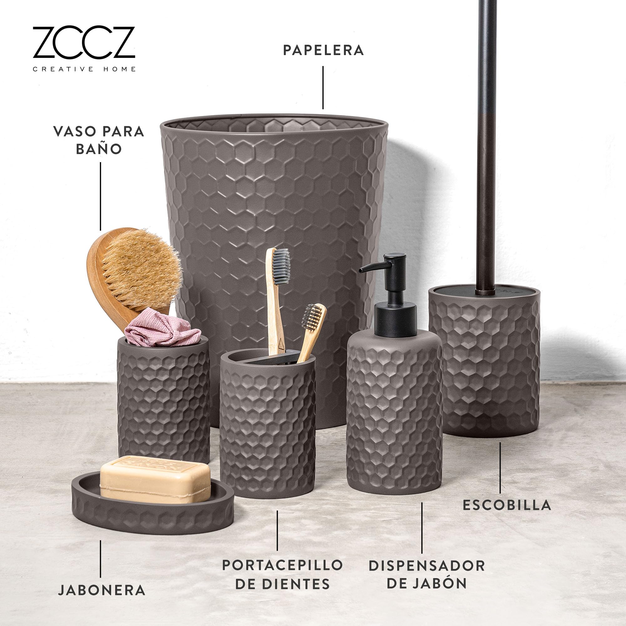 ZCCZ Juego de 6 Piezas de Accesorios de Baño Gris Cálido con Soporte de Cepillo de Dientes, Dispensador de Jabón, Bandeja de Bajón, Cubo Basura, Vaso de Baño y Escobilla, Juego de Baño Completo