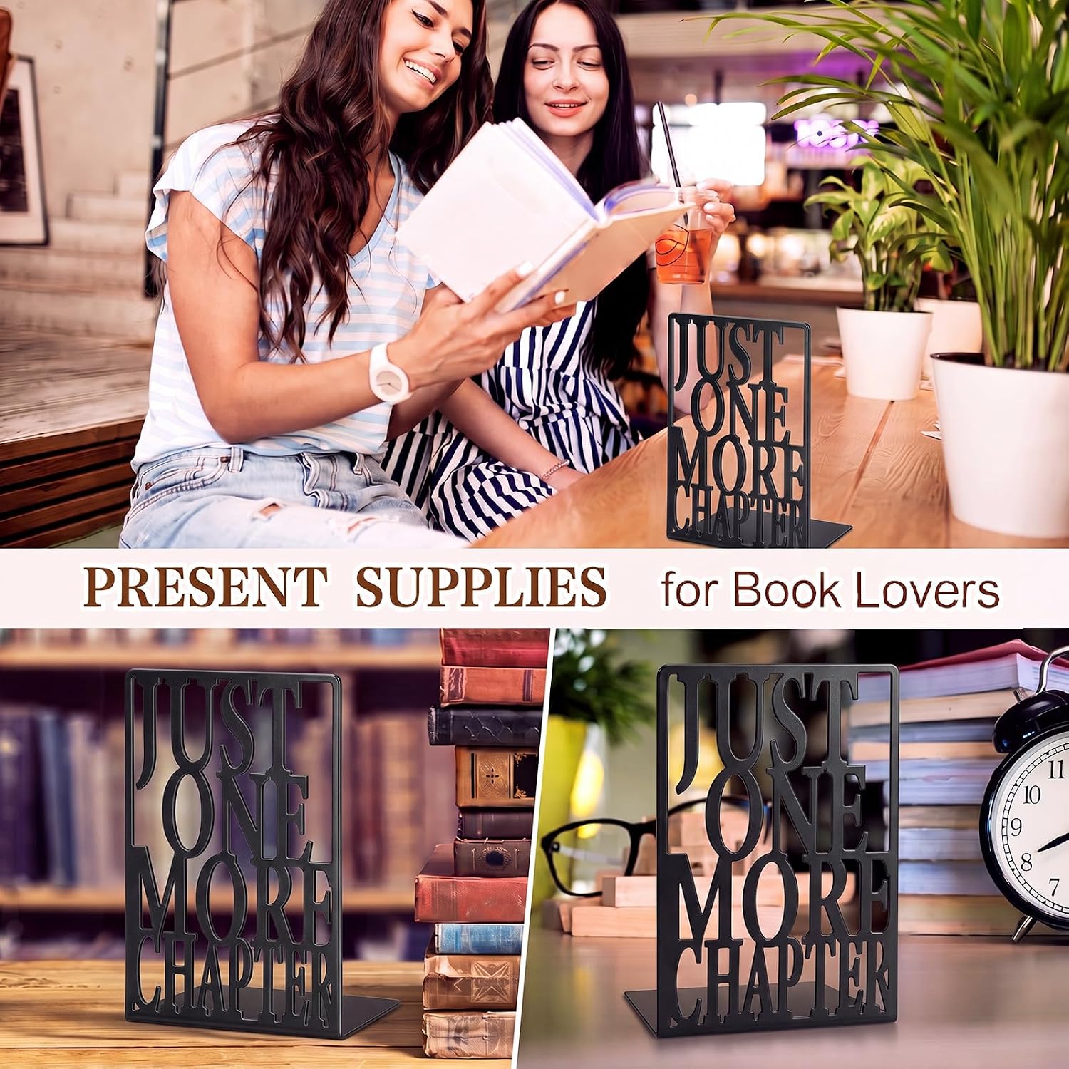 Feifeiya Book Lover Gifts Metal Book Ends TBR Storage Bookends for Shelves Decorative Bookworm Librarian Readers Booklover Bookish Reading Accessory Gift(Just One More Chapter)