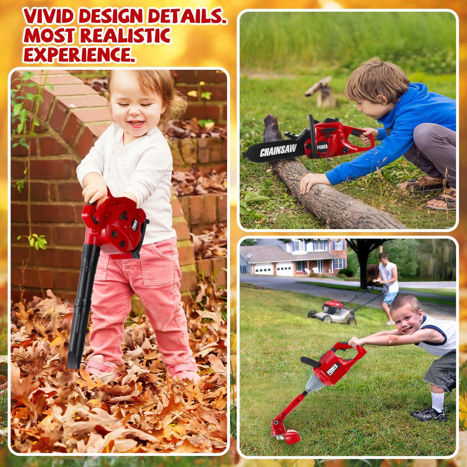Juego de 3 herramientas de jardinería de juguete para niños, soplador de hojas, recortador de malezas, motosierra, juego de simulación con luces y sonidos de cumpleaños para niños y niñas 4