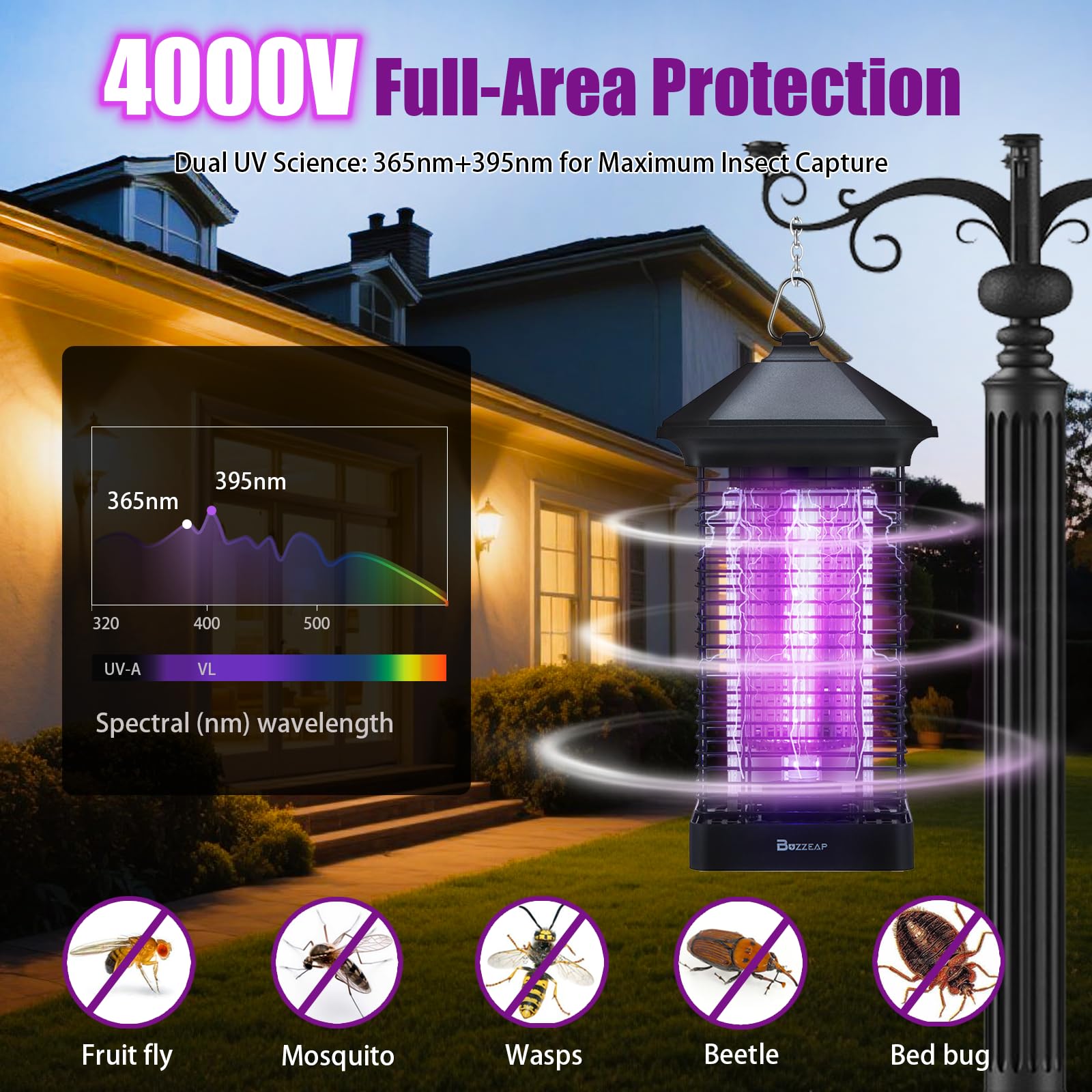 Zappa a LED Bug Zpper, durevole Electric Fly Killer, 4000 V, lampada per zanzare con doppia luce UV 365 nm/395 nm, trappola per mosche per interni ed esterni, portata 150 ㎡
