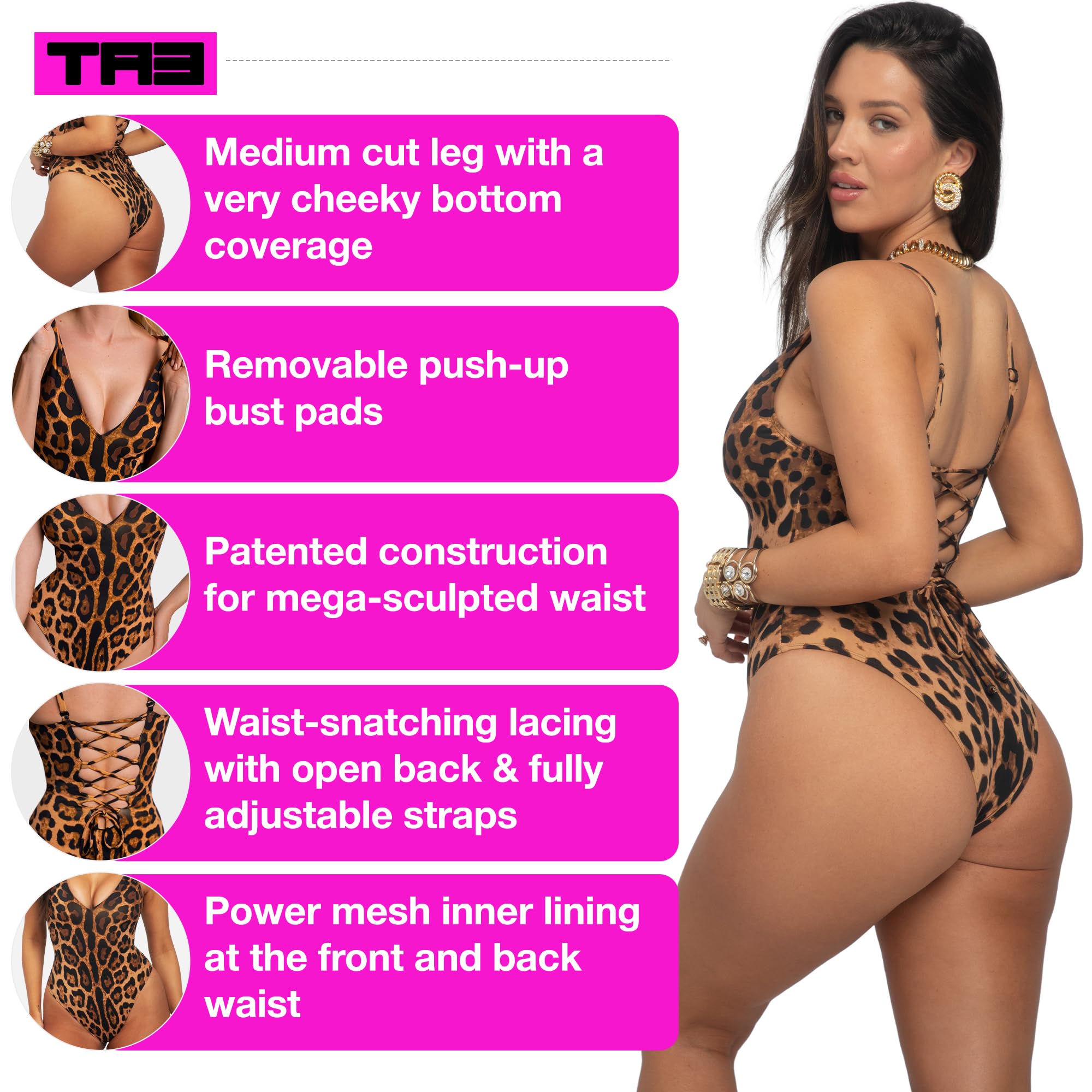 TA3 Brazilian Plungey Swimsuit for Women – Sculpting Bathing Suit - Tummy Control Swimsuits for Women: Torso Length: Short X-Small Symmetric Leopard