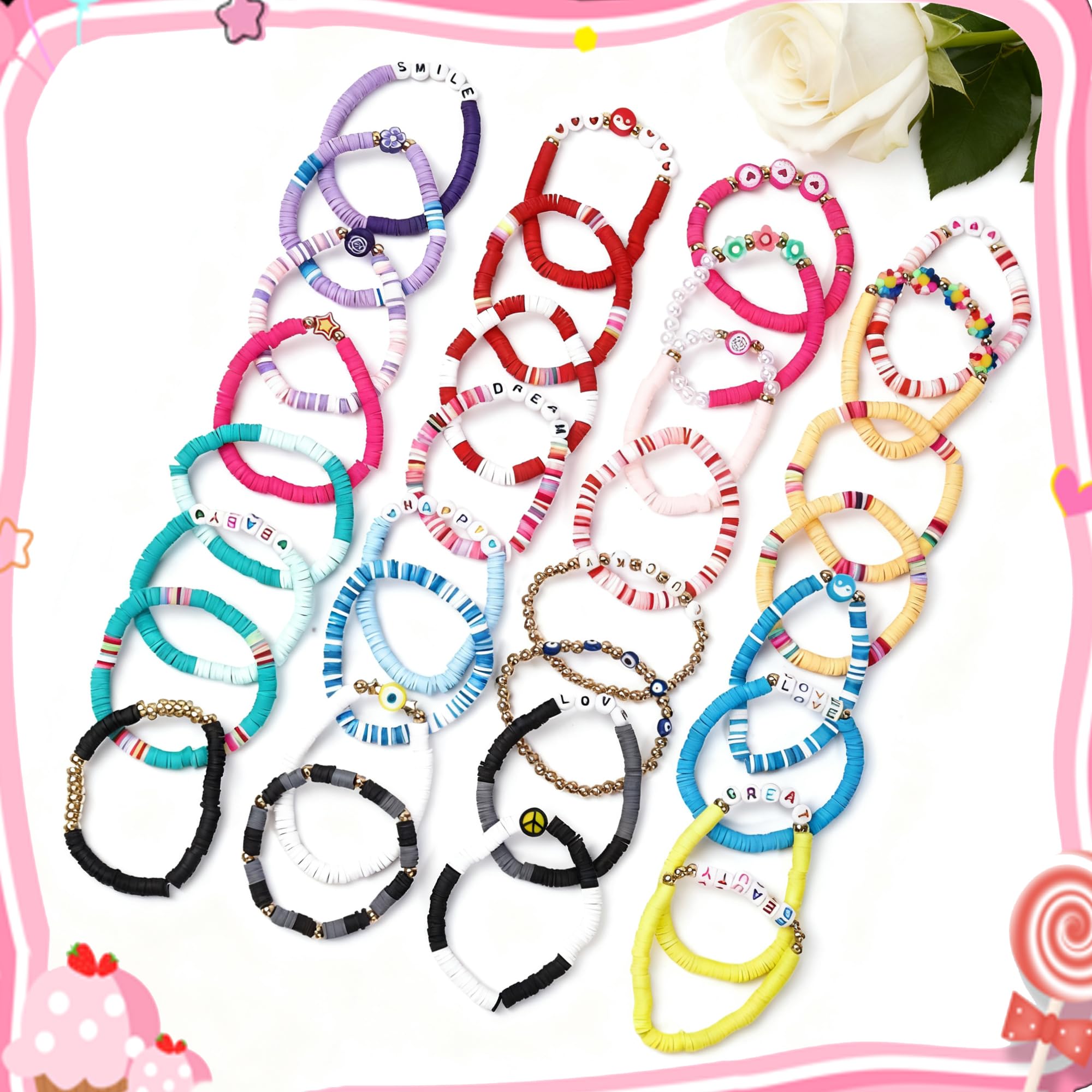 Lot de 32 Bracelets Colorés Preppy Cadeau Anniversaire Enfants Adolescents