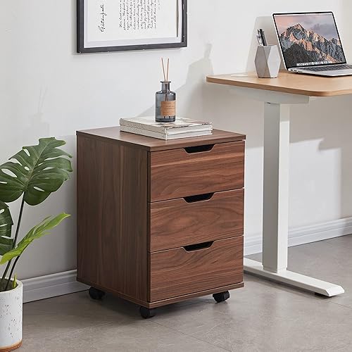 Sunon Archivador vertical de 3 cajones con ruedas de madera rodante debajo del escritorio para oficina en casa con ruedas (nogal marrón, totalmente