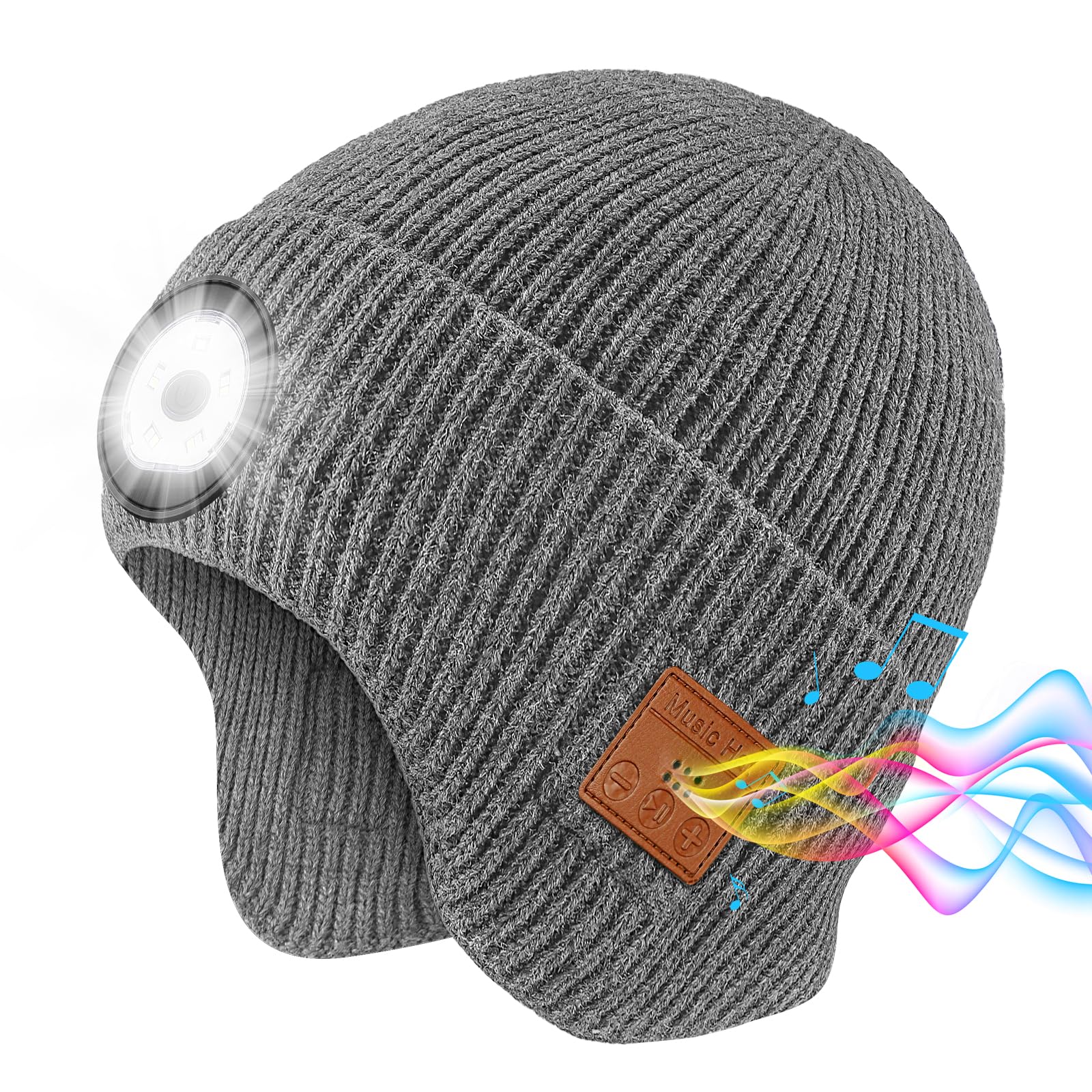 TOUCH TWO Bluetooth Beanie with Light, Built-in Wireless Headphones & Stereo Speakers - USB Rechargeable Bluetooth Hat | Unique Tech Gifts Birthday Gifts for Men and Women (Light Grey, Adult)