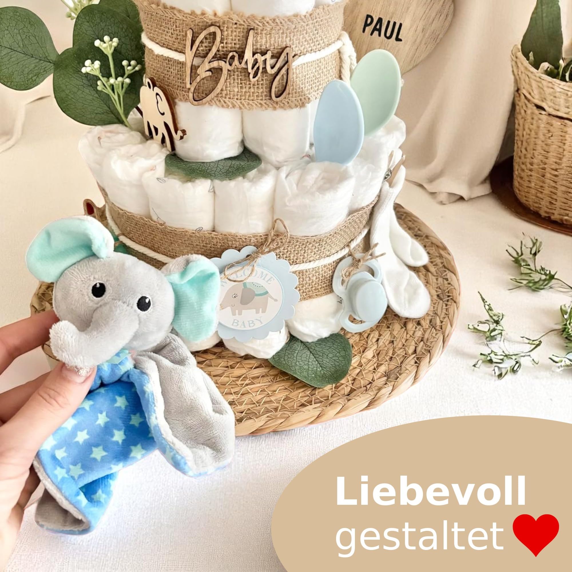 Windeltorte mit Elefant Schnuller Socken und mehr, Babytorte für Babyparty Babyshower, Namen personalisierbar für Junge & Mädchen, Geschenk zur Geburt, Babypinkeln Baby Neugeboren Geschenk Windeln
