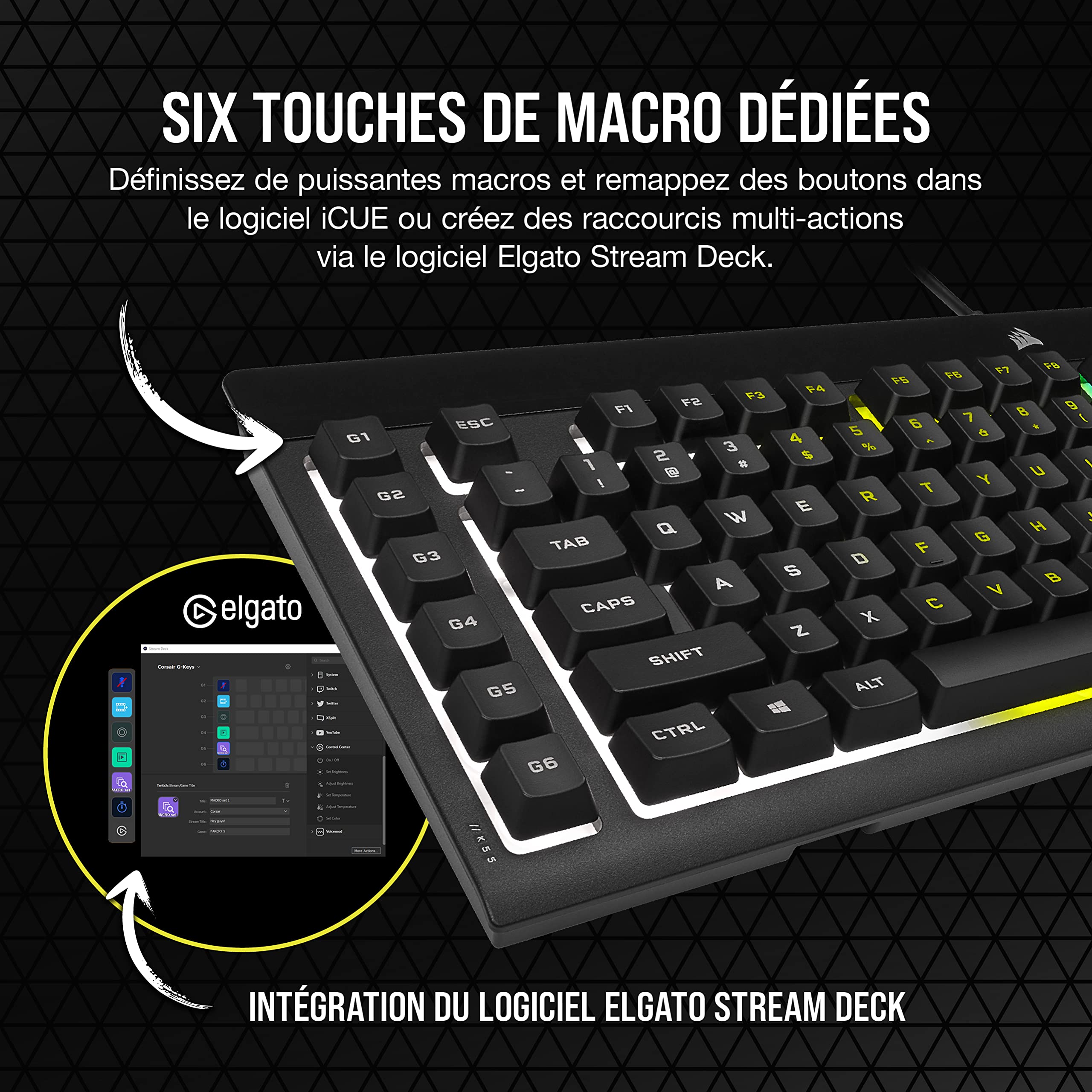 Corsair K55 RGB Pro Clavier de Jeu Filaire à Membrane (AZERTY FR) – Noir | IP42 Résistant à la Poussière et Aux éclaboussures, 6 Touches Macro Intégration Elgato, PC, Mac, Xbox