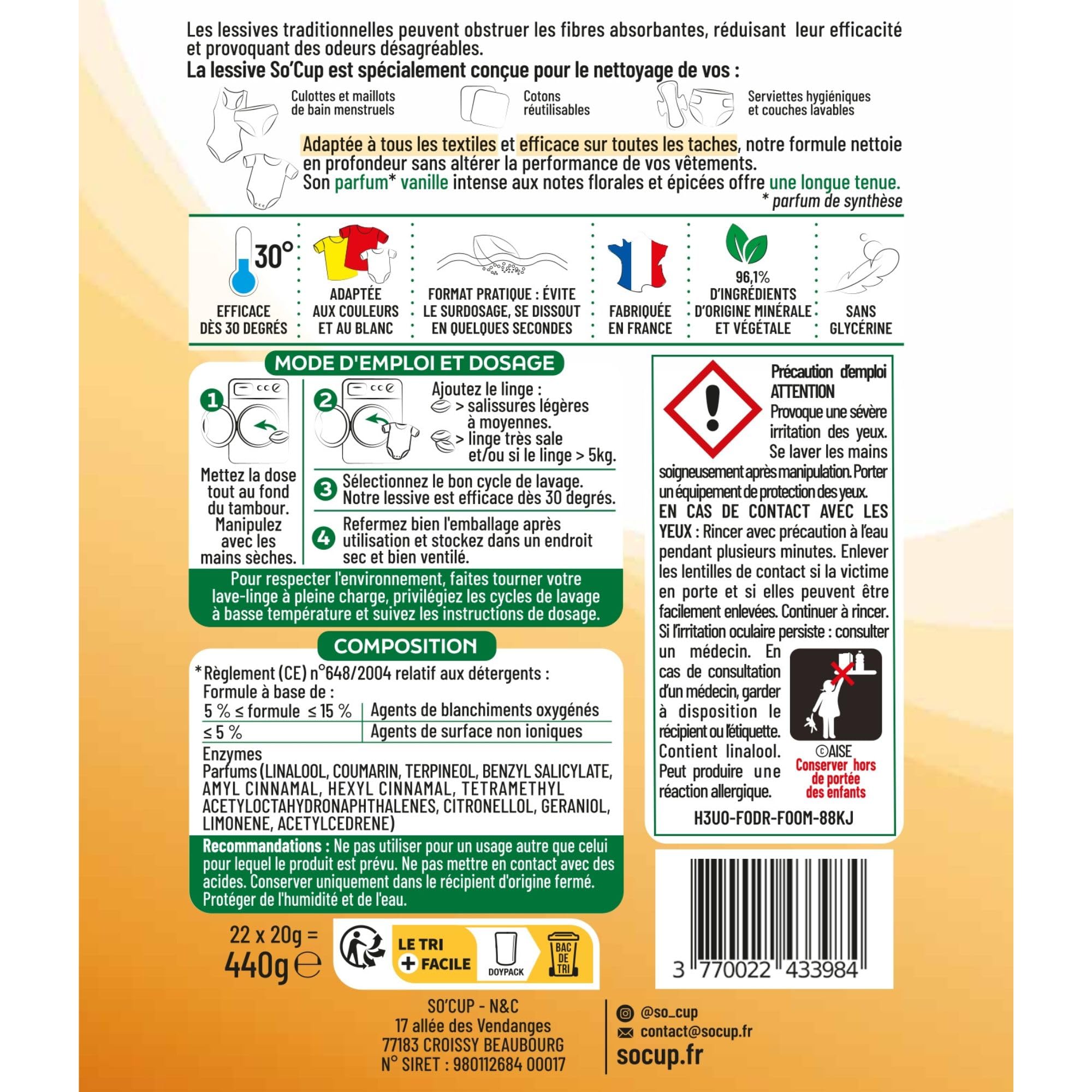 Lessive en Doses pour Culottes Menstruelles, Maillot de Bain Menstruel, Serviettes Hygiéniques et Couches Lavables｜ Vanille Envoûtante ｜ 96% d'origine minérale et végétale