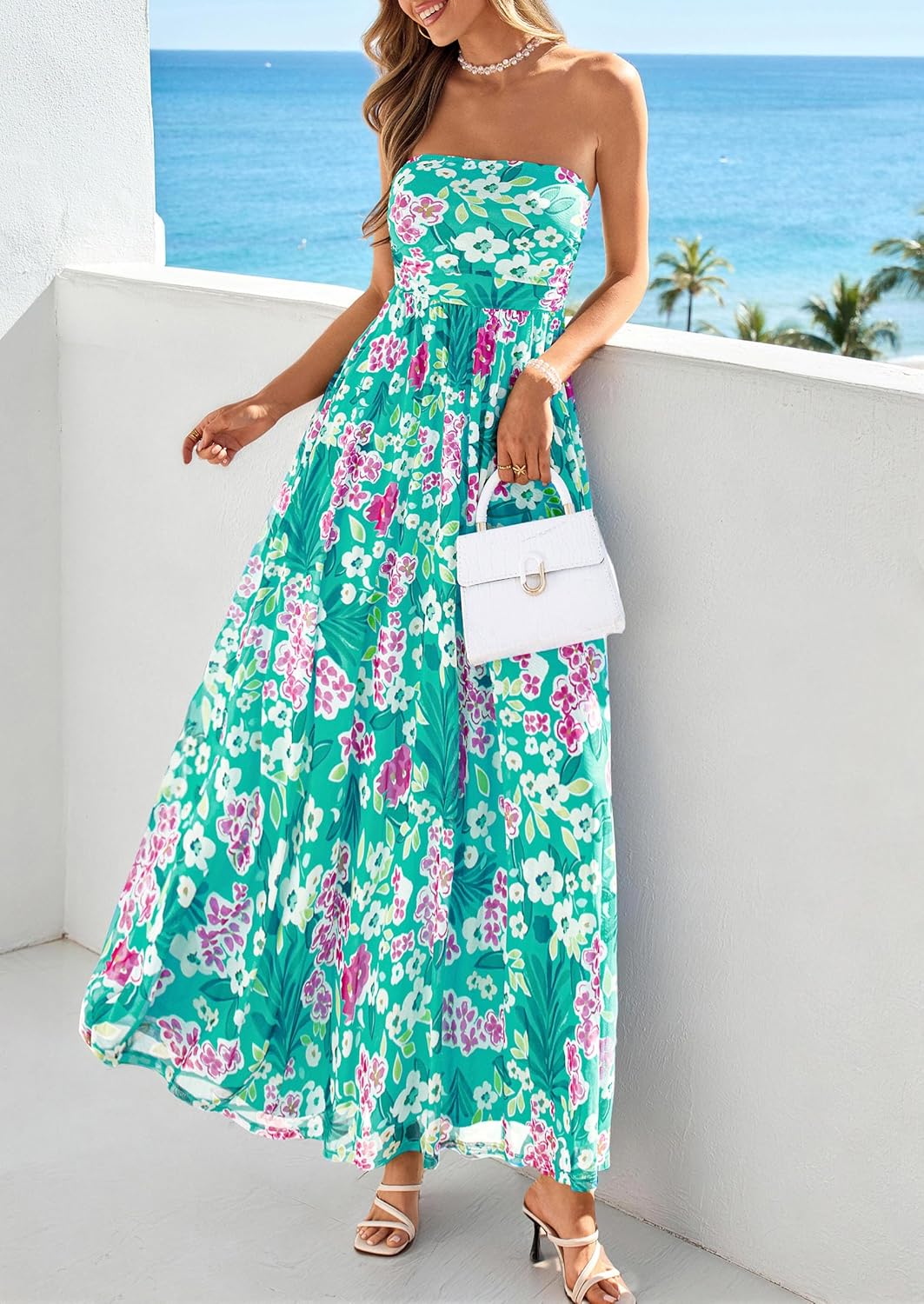 PRETTYGARDEN Women Strapless Maxi Dress 2026 Summer Floral Tube Top Ruched Beach Spring Wedding Guest Long Dresses