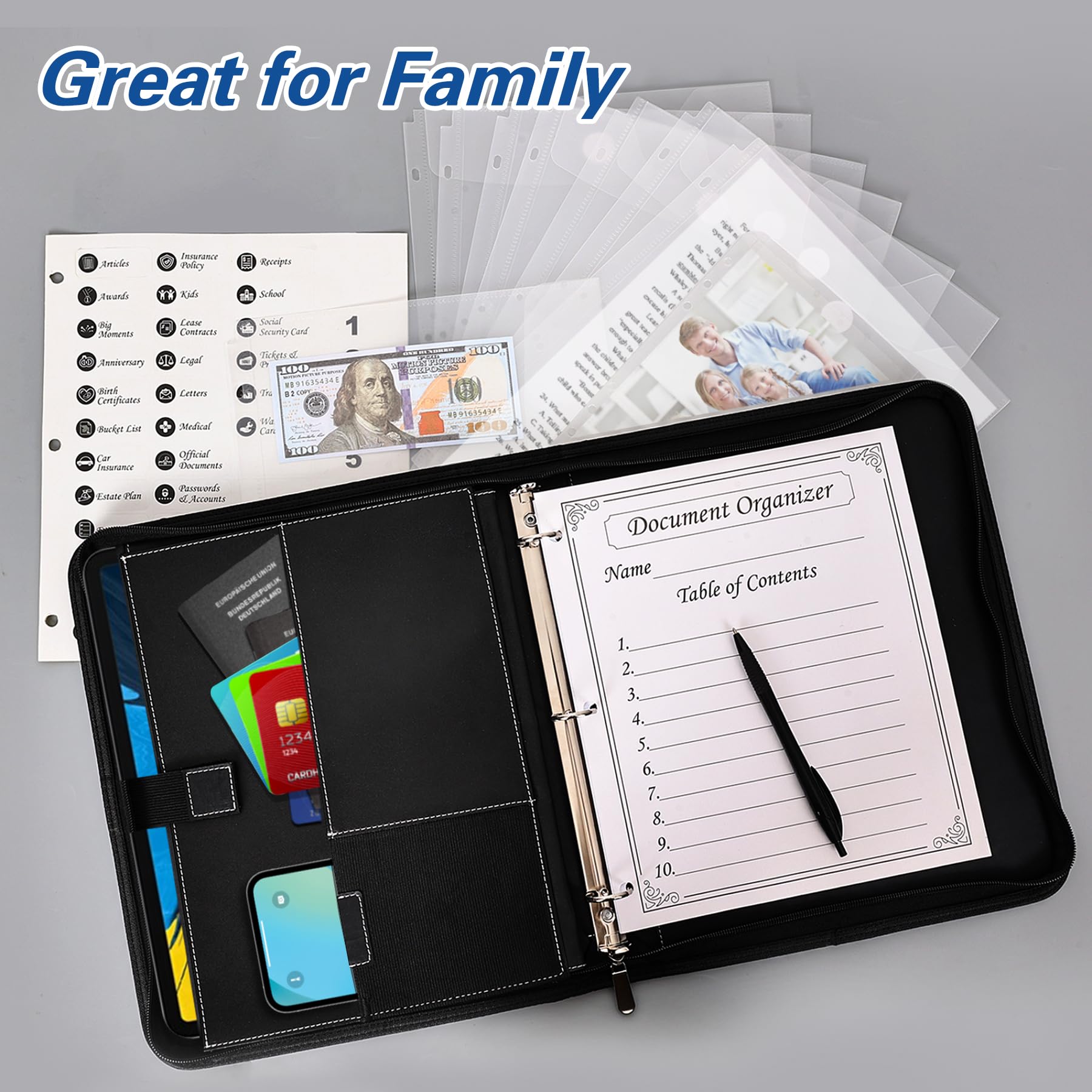 HAUTOCO Porte-documents en cuir synthétique avec 3 anneaux et fermeture éclair pour certificats de naissance, cartes de sécurité sociale, passeports, papiers importants