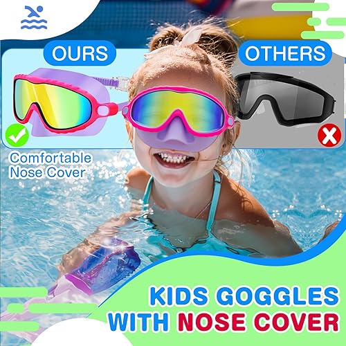 Miniatura 2 de XDX Gafas de natación para niños con cubierta para la nariz, paquete de 2 máscaras de buceo de visión amplia, antivaho, UV, sin fugas, gafas de