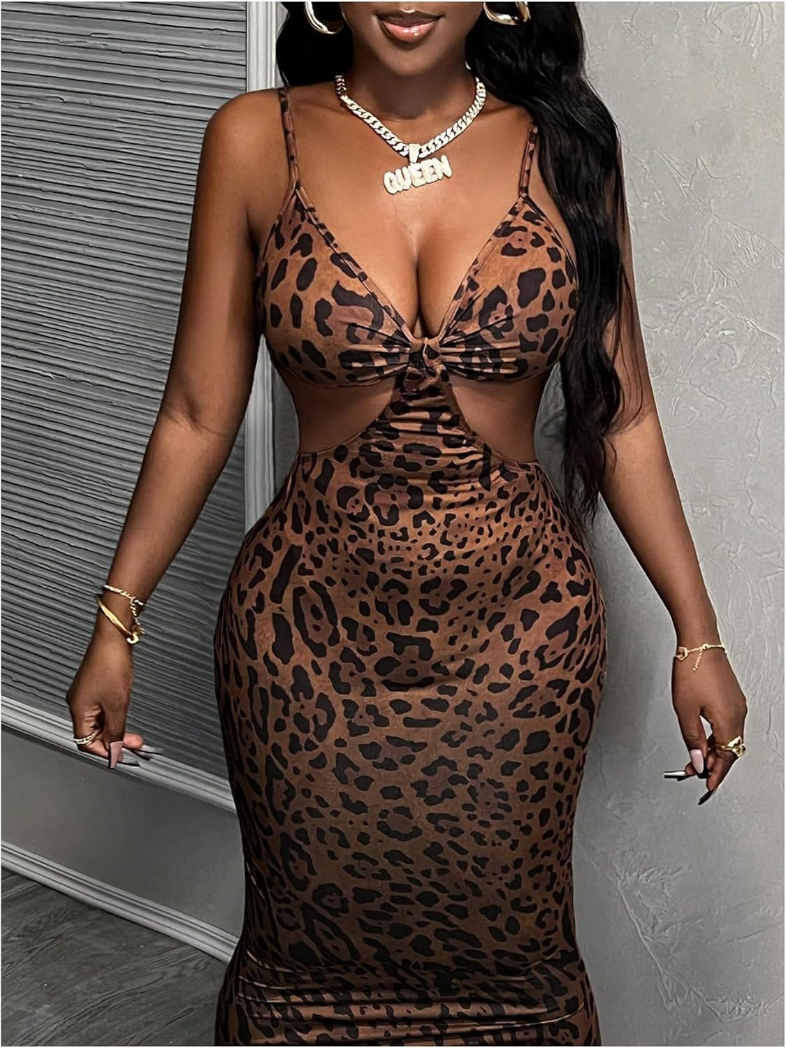SOLY HUX Women's Leopard Print Bodycon Maxi Dress V Neck Cut Out Split Hem Party Long Cami Dresses - Image 5