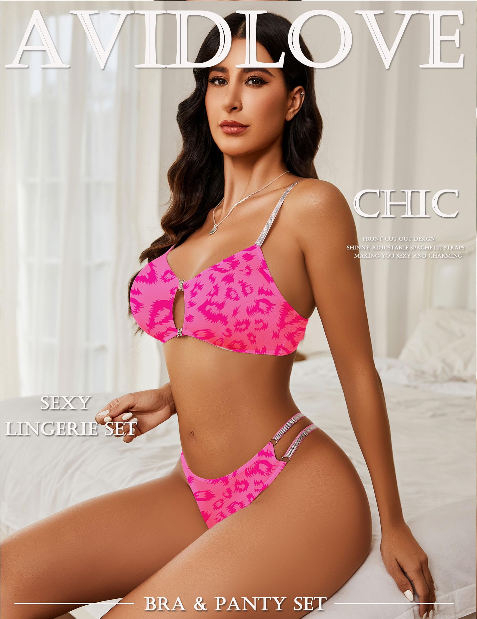 Avidlove Lingerie Set for Women Cut Out Sexy 2 Piece Bra and Panty Set Strappy Underwear Lingerie: Pink Leopard X-Large