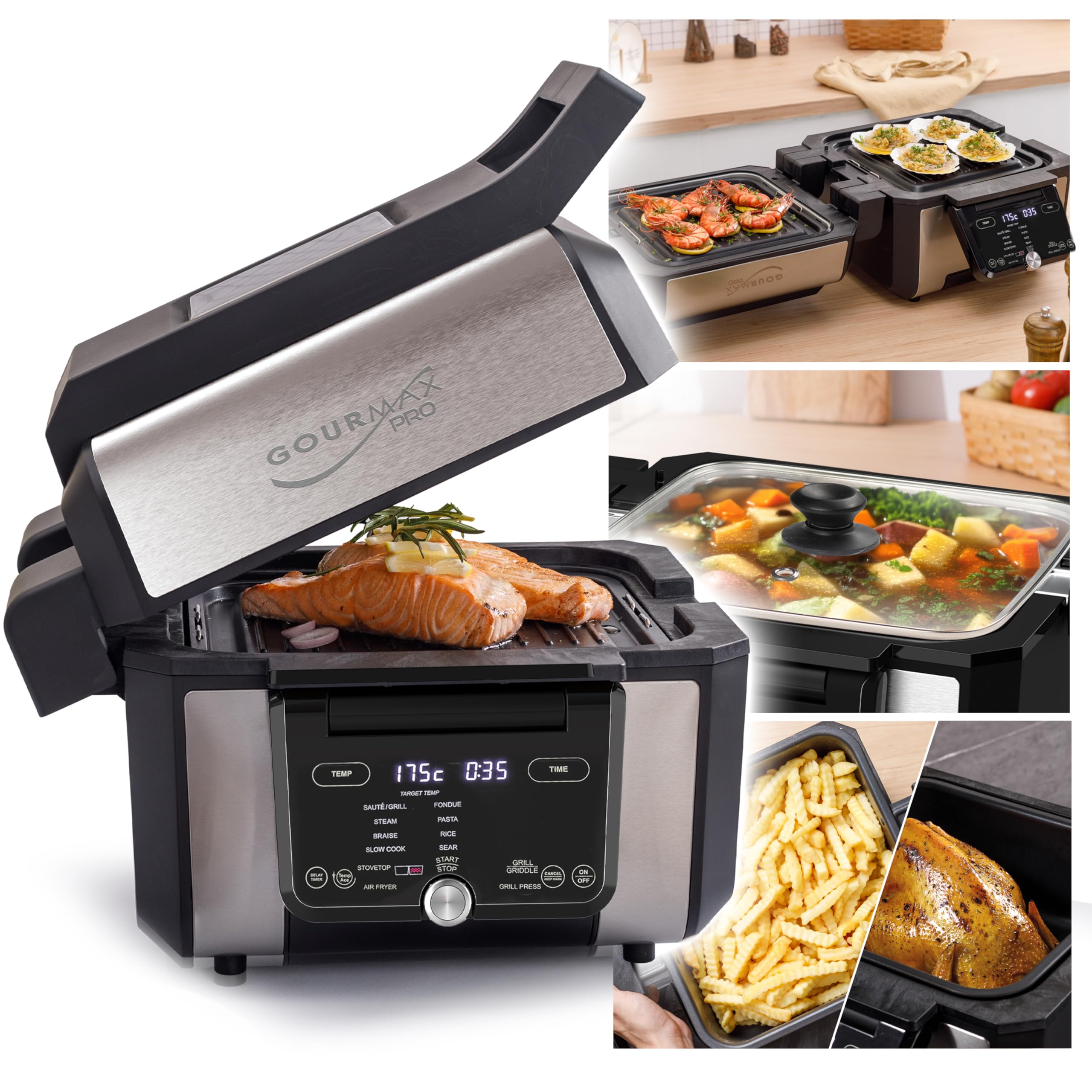 GOURMAX PRO Multifunción: Air Fryer + Horno + Plancha + Parrilla + Grill-Press + Olla 5.6L + Tapa vidrio. 2 zonas XXL independientes, 2 recetas a la vez: 16 Menús. Recetario. Ahorra Energía