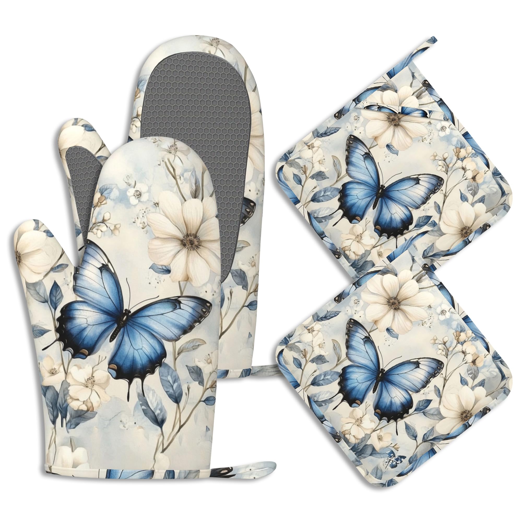Ofenhandschuhe und Topflappen-Set, blau, Schmetterling, Silikon, Küchenhandschuhe, Topflappen, Frühlingsblumen, hitzebeständig, 4 Ofenhandschuhe, heiße Pads zum Backen, Kochen, Grillen, Heimdekoration