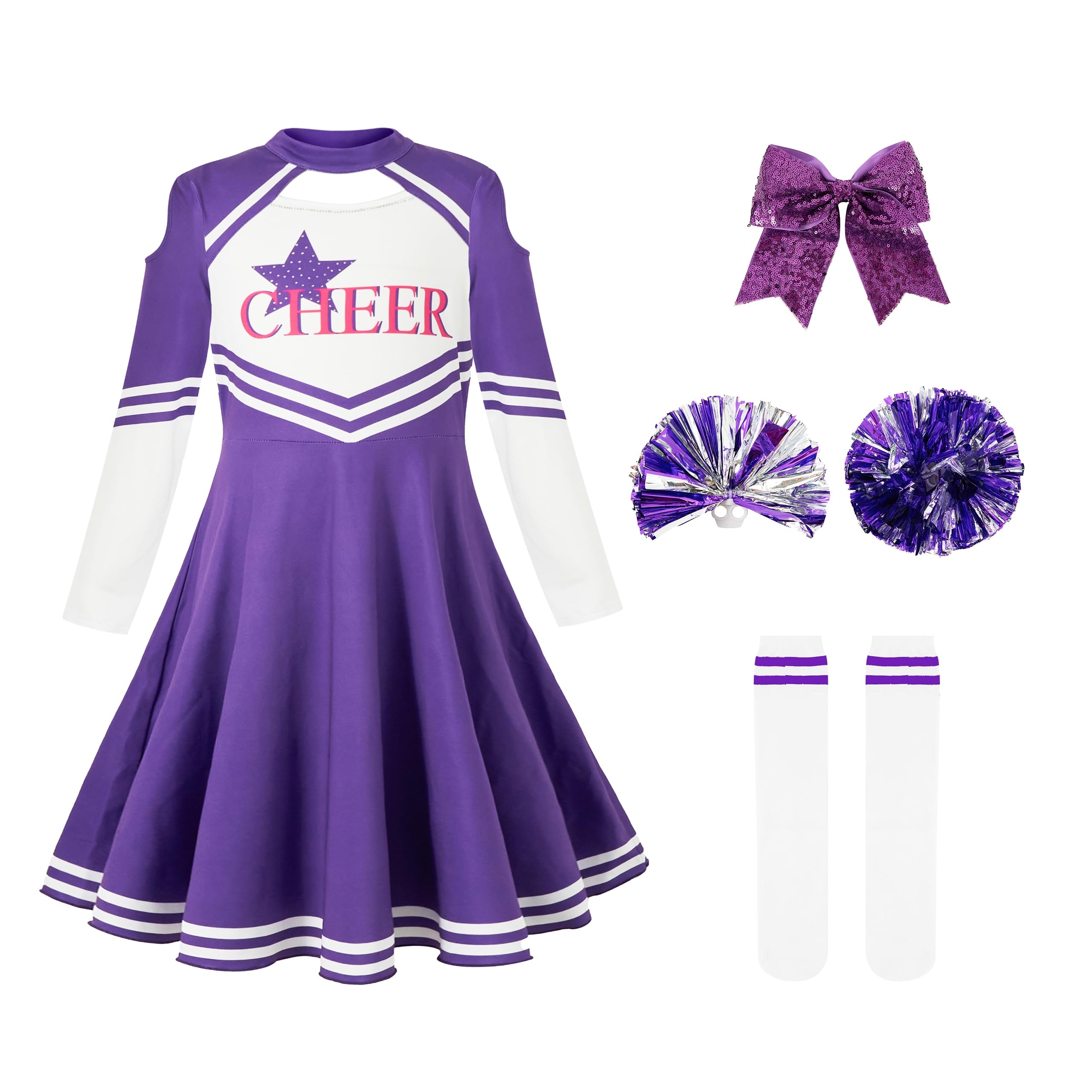 LOLANTA Costume da Cheerleader per Bambini, Vestito da Cheerleader a Maniche Lunghe per Ragazze con Pompon e Calzini, Carnevale o Evento Sportivo