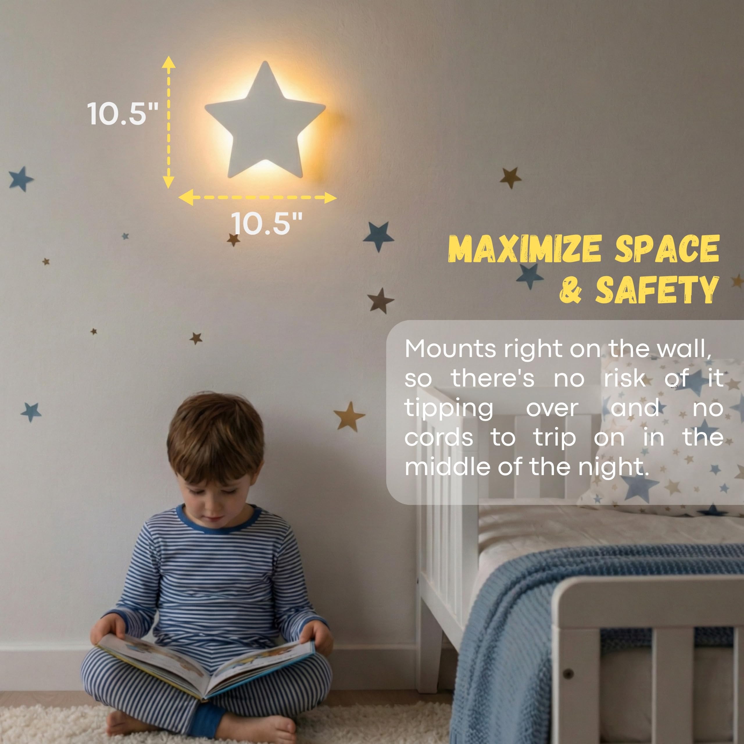 KALEOLI Lámpara de pared de estrella para guardería, luz nocturna suave para recién nacidos y niños pequeños, recargable y regulable (calcomanías de luna y estrella incluidas)