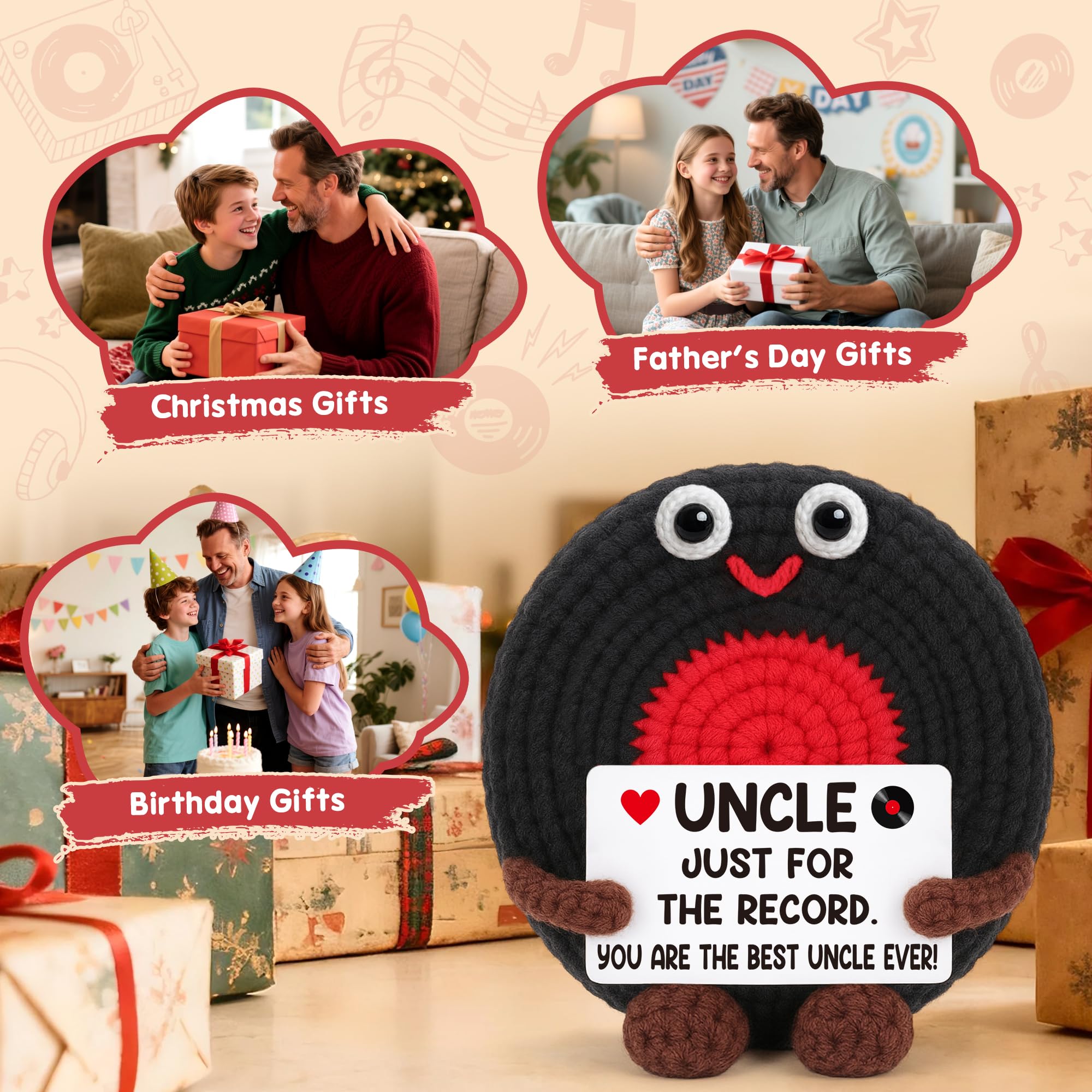 Fathers Day Uncle Gifts from Niece Nephew Best Uncle Ever Gifts Birthday Father's Day Retirement Favorite Uncles Gift from Niece Nephew Handmade Crochet Vinyl Record Music Lover Uncle's Gift