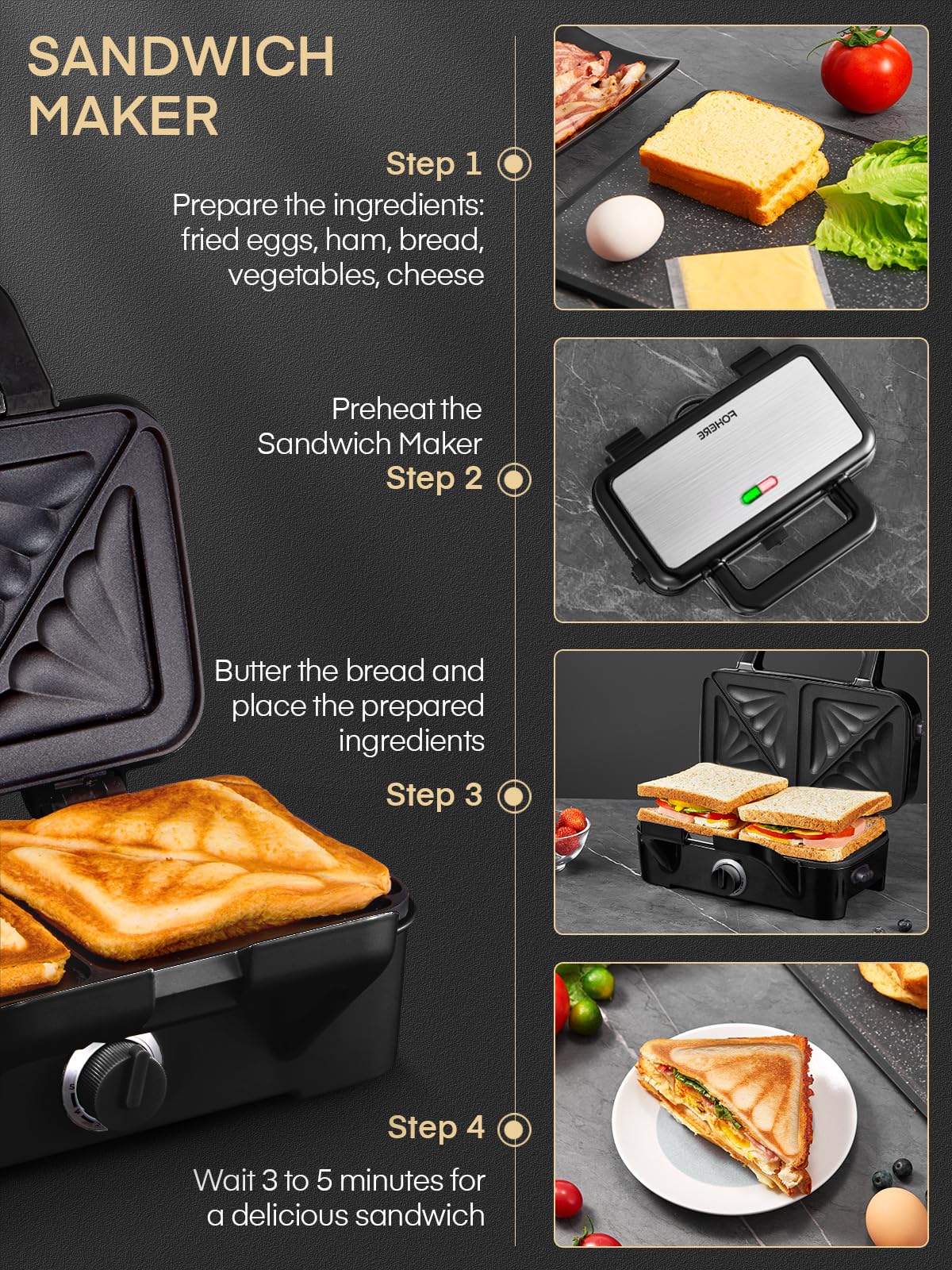 Gofrera 3 en 1, Plancha para Sandwichera con Regulador de Temperatura, 3 Plato Extraíble para Tostadas, luz Indicadora, Gofres y Carne, Acero inoxidable & Revestimiento Antiadherente, Negro
