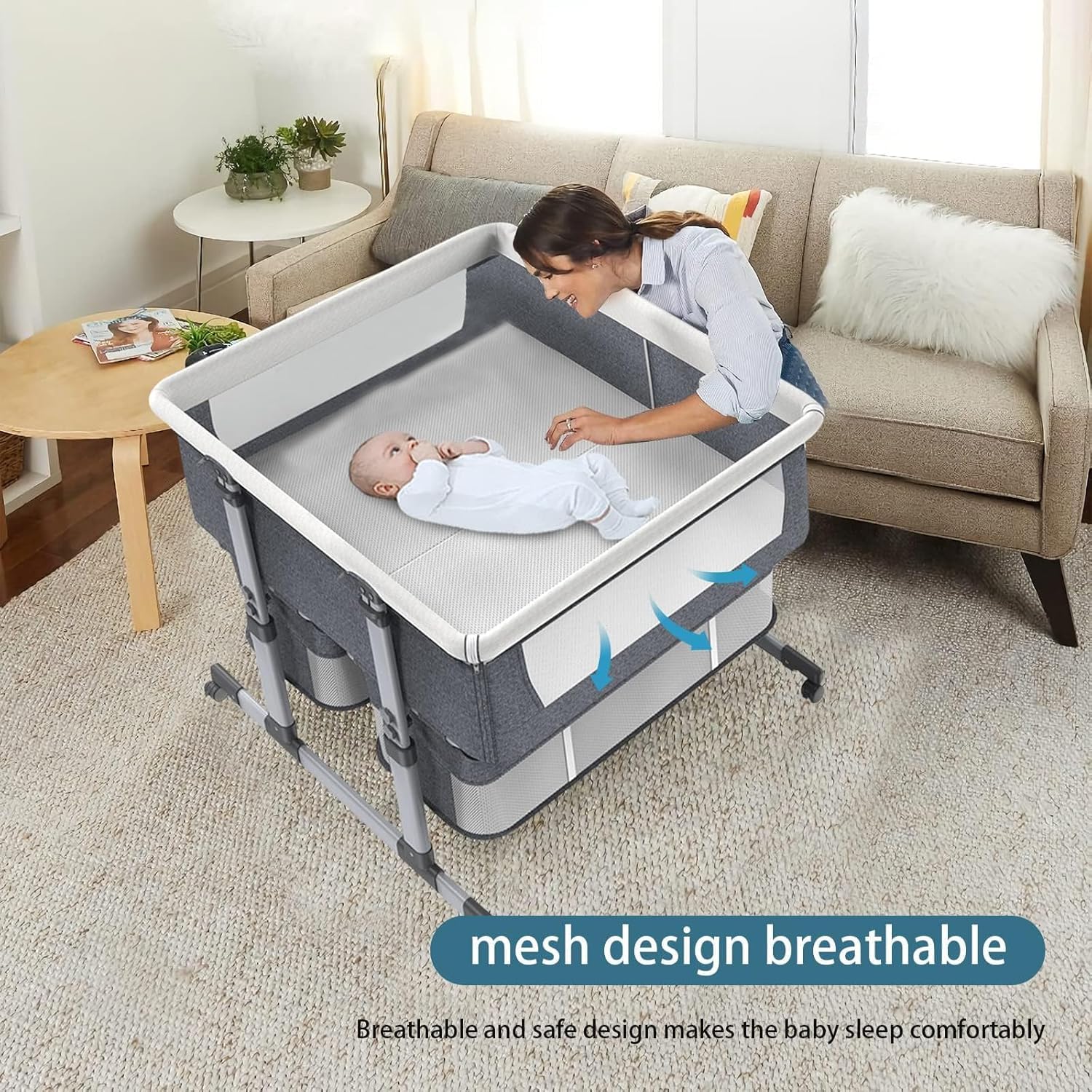 Cuna de colecho con Colchón,Cama para Bebé Gemela con 6 Ajustes de Altura,Plegable Cuna de Noche con Rampa Antirreflujo,Separador Extraíble y Ruedas Silenciosas,para Bebés de 0 a 3 Años (Caqui)