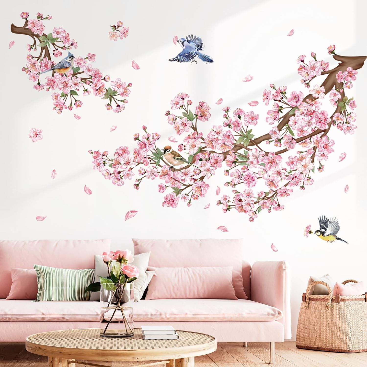 decalmile Cherry Blossom Branch Wall Decals Pink Floral Birds Wall Stickers Bedroom Living Room Sofa TV Background Wall Decor