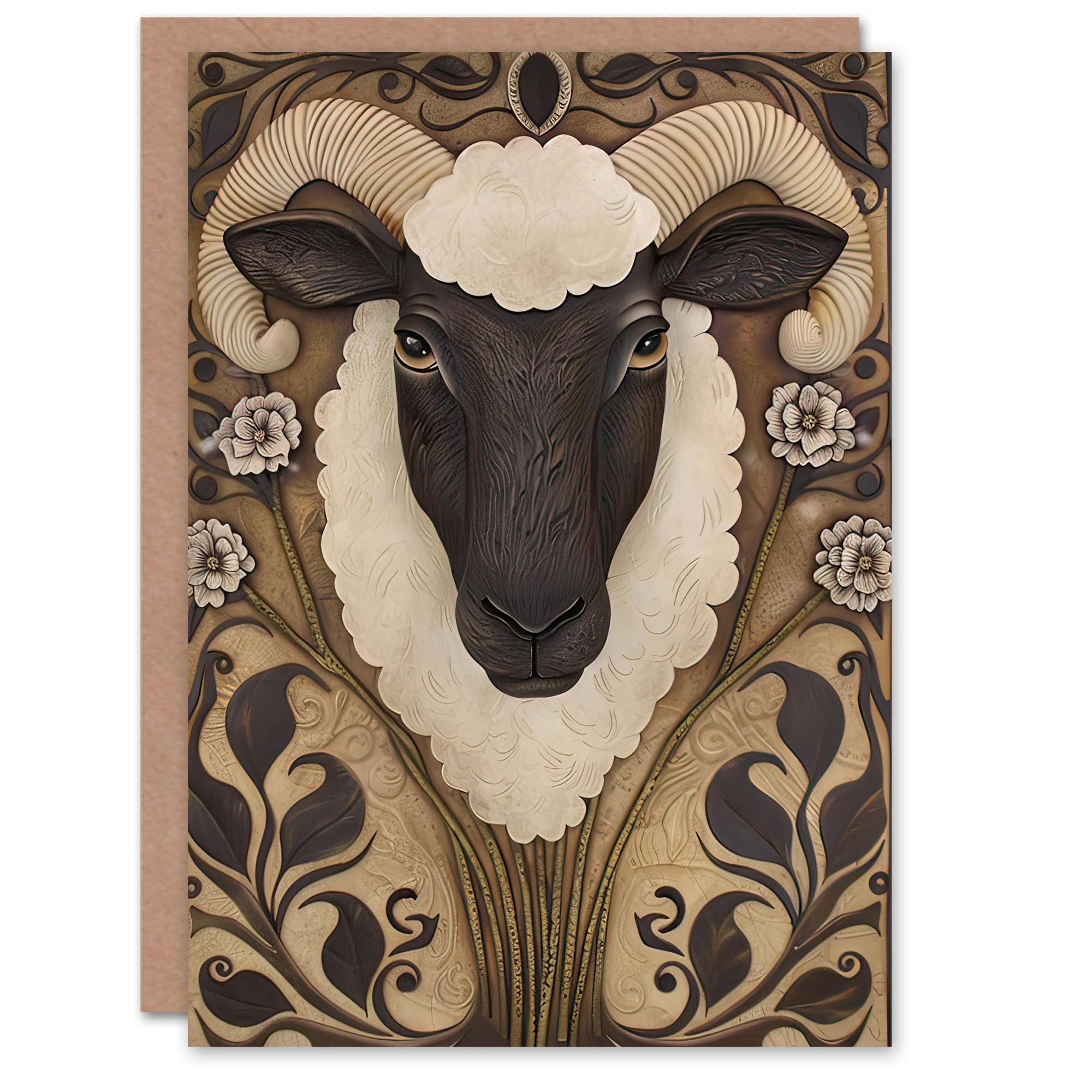 Artery8 Greeting Card Botanical Filigree Design with Ram Sheep Head Blank For Him Or Her Art Birthday Card