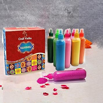CraftVatika 12 Rangoli Colour Powder Tube Kit, Diwali Decoration Items Bottles Tool Floor Art Rang for Home Navratri Pongal Pooja Mandir Decor (Pack of 12) (1 Box- 12 Bottle) - image, photos