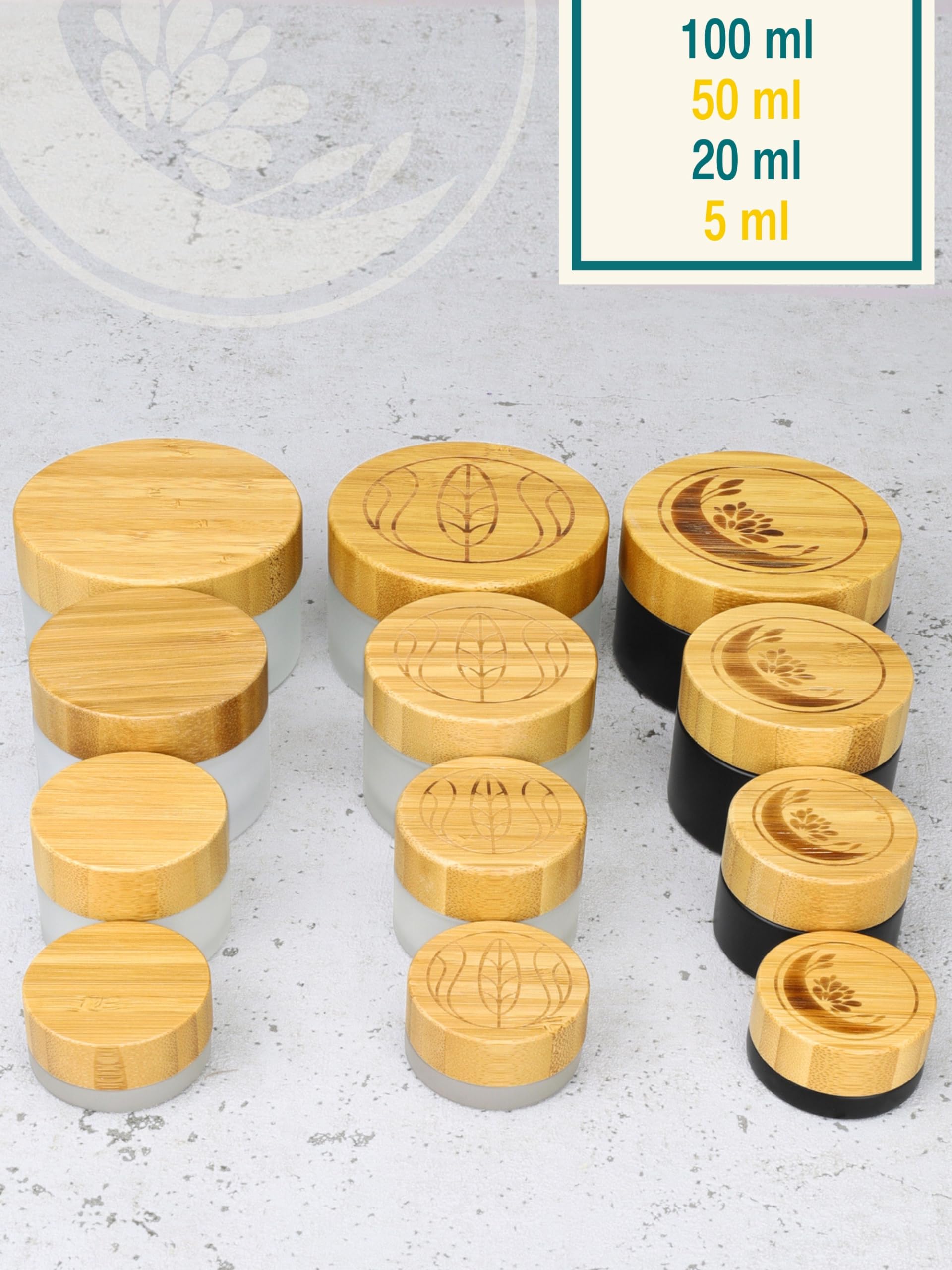Wachsmann – leere Glastiegel mit Bambusdeckel (5 ml, 20 ml, 50 ml oder 100 ml) – auslaufsicher, dickes Milchglas – nachhaltige Kosmetikbehälter für DIY Kosmetik, Cremes & Salben