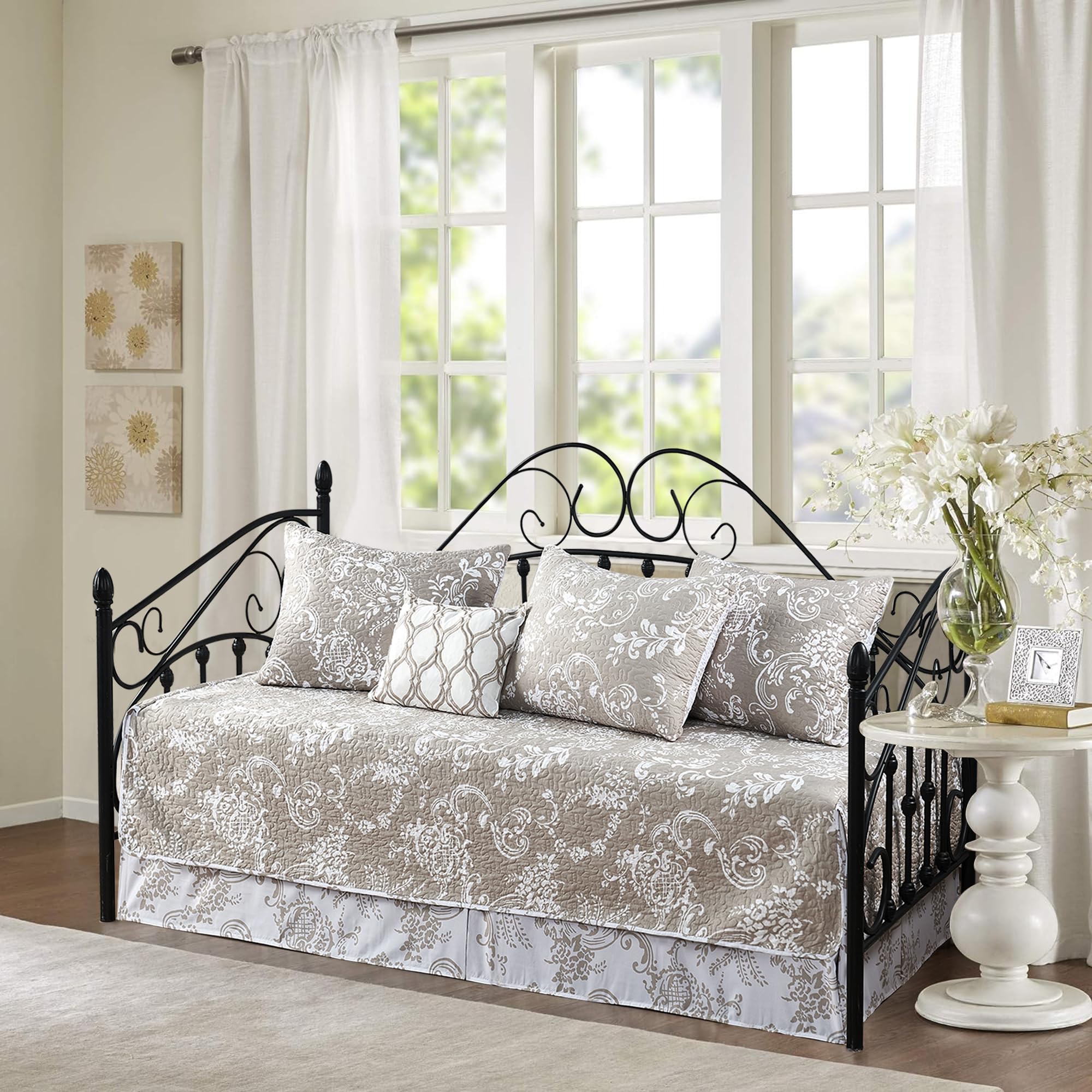 6 Piece Reversible Microfiber Bohemian Florals Printed Daybed Cover Set, All Season Luxury Bedding with Bedskirt, Matching Shams, Decorative Pillow, 75"x39", Taupe