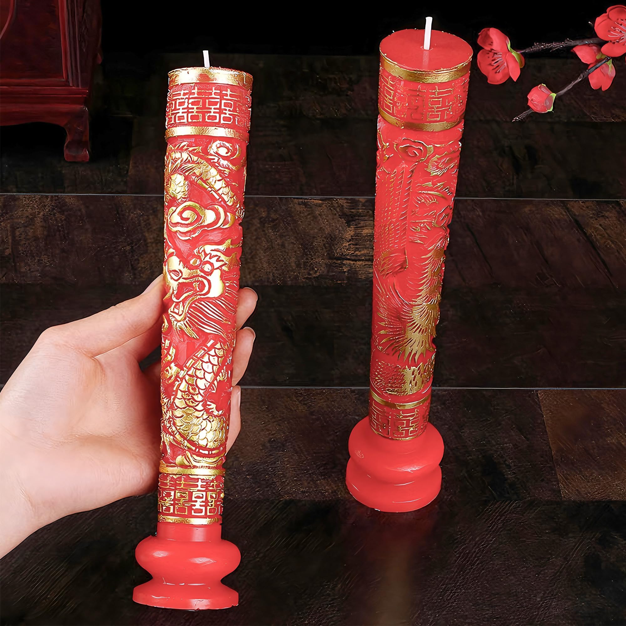 HannaFires 1 Pair Red Artistic Carved Dragon & Phoenix Candle – 10Inchs Large Traditional Chinese Wedding Decor, Symbolic Gift for Engagement, Anniversary, or Bridal Room Decoration, Special Events?