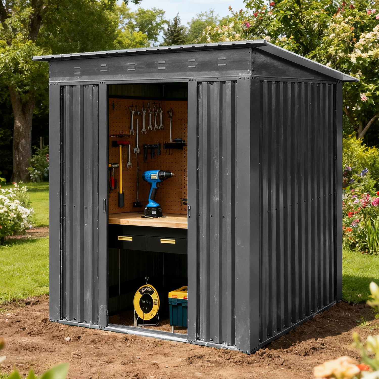 NEW Outdoor Storage Shed Garden Utility Tool Storage House Backyard Lawn with Sliding Door, Apex and Pent Roof for Patio Backyard Bike Tool All-Weather (Grey-6 wide*4 depth-Pent)