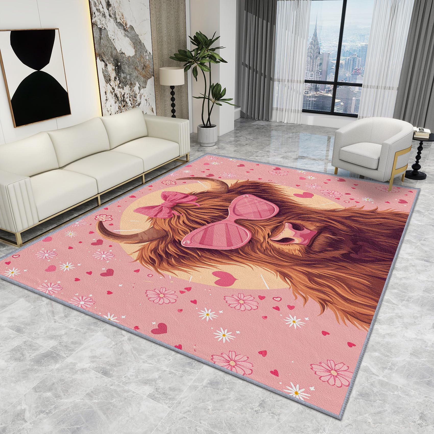 Highland Cow Bedroom Rug - Highland Cow Rug - Cute Funny Farm Animal Love Heart Rugs, Kids Girls Nursery Pink Carpet, Washable Rug Non Slip Small Area Rugs, Highland Cow Home Decor Gifts, 80 X 100 cm