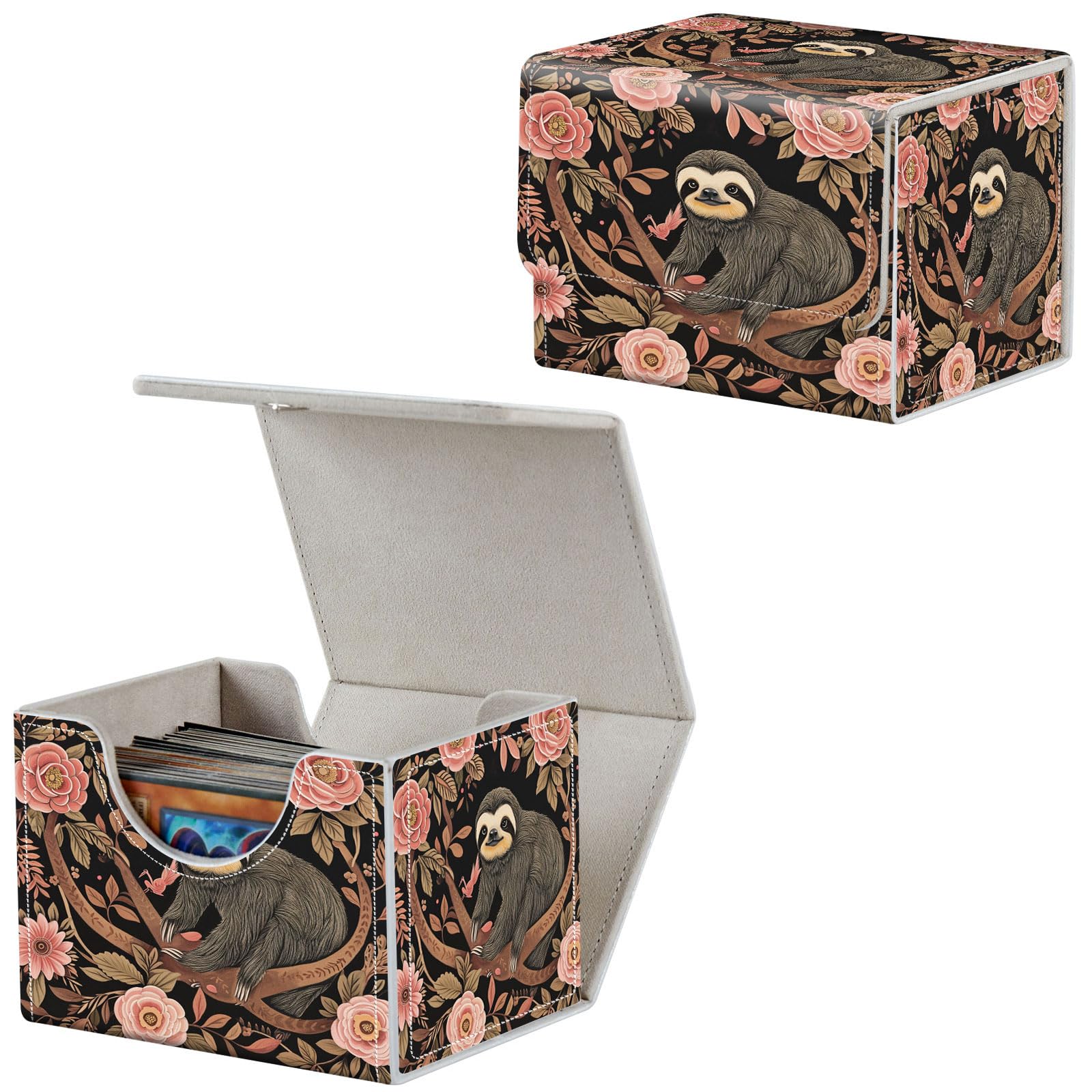 Qindaiwen Card Deck Box for MTG, Fits 100+ Single Sleeved Cards, PU Leather Trading Card Storage Box for TCG, CCG, MTG Cards, Strong Magnet Magic Gathering Deck Box, Cartoon Sloth